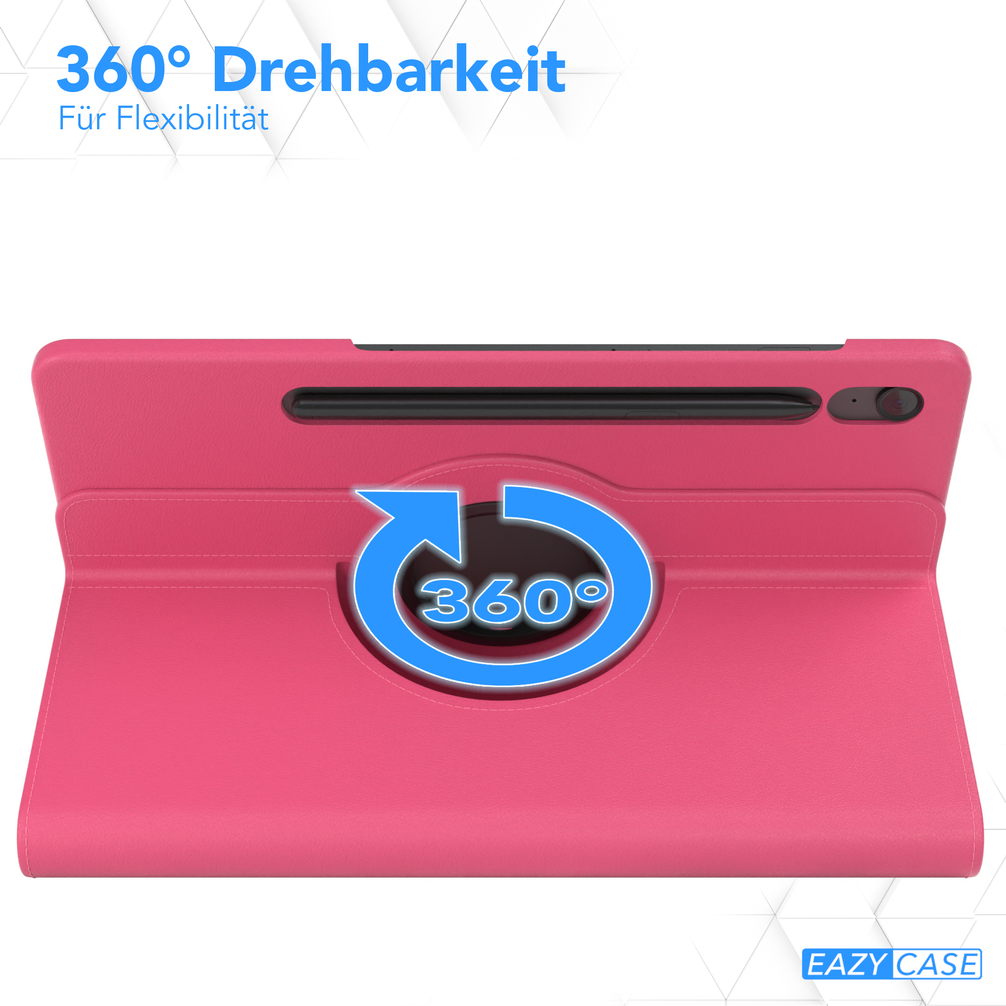 Eine pinke Tablet-Hülle, die 360-Grad-Drehbarkeit zeigt, mit dem EAZY CASE Logo.
