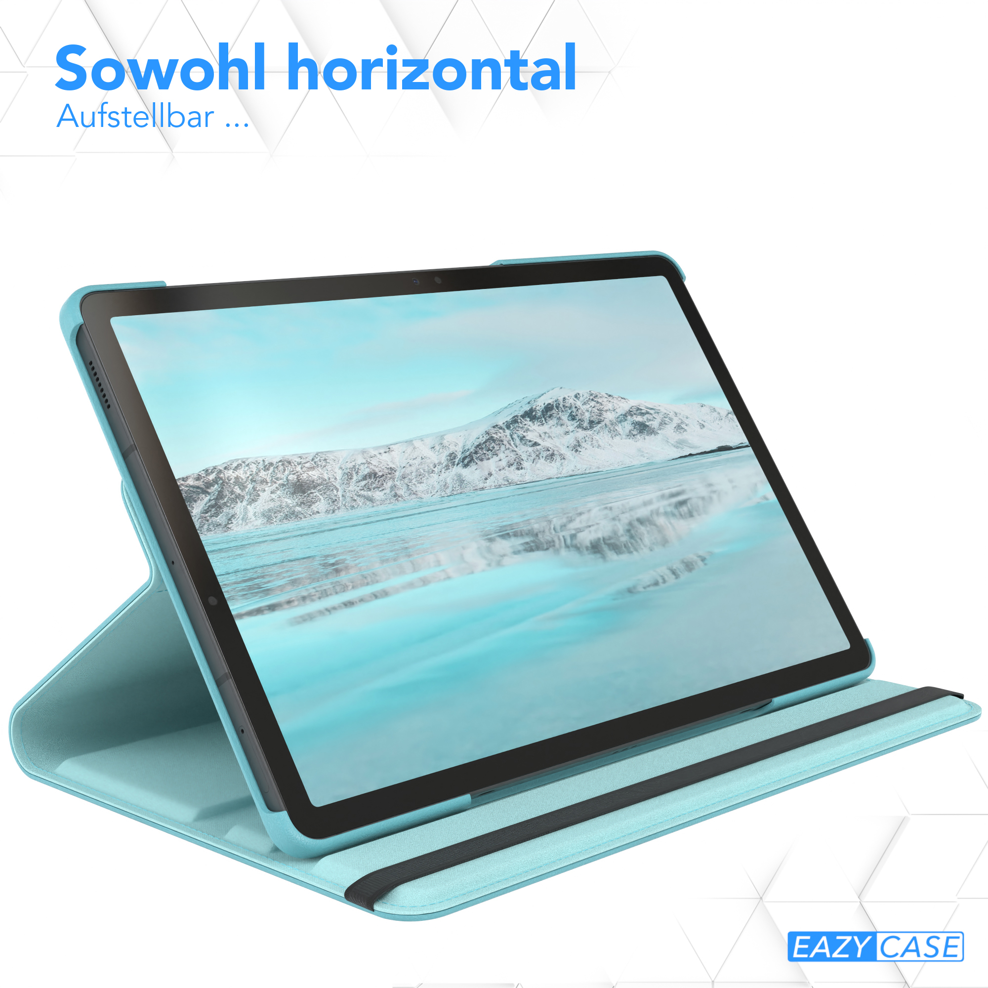 Ein türkisfarbenes Tablet in einer türkisfarbenen Hülle, horizontal angezeigt, mit dem EAZY CASE Logo.