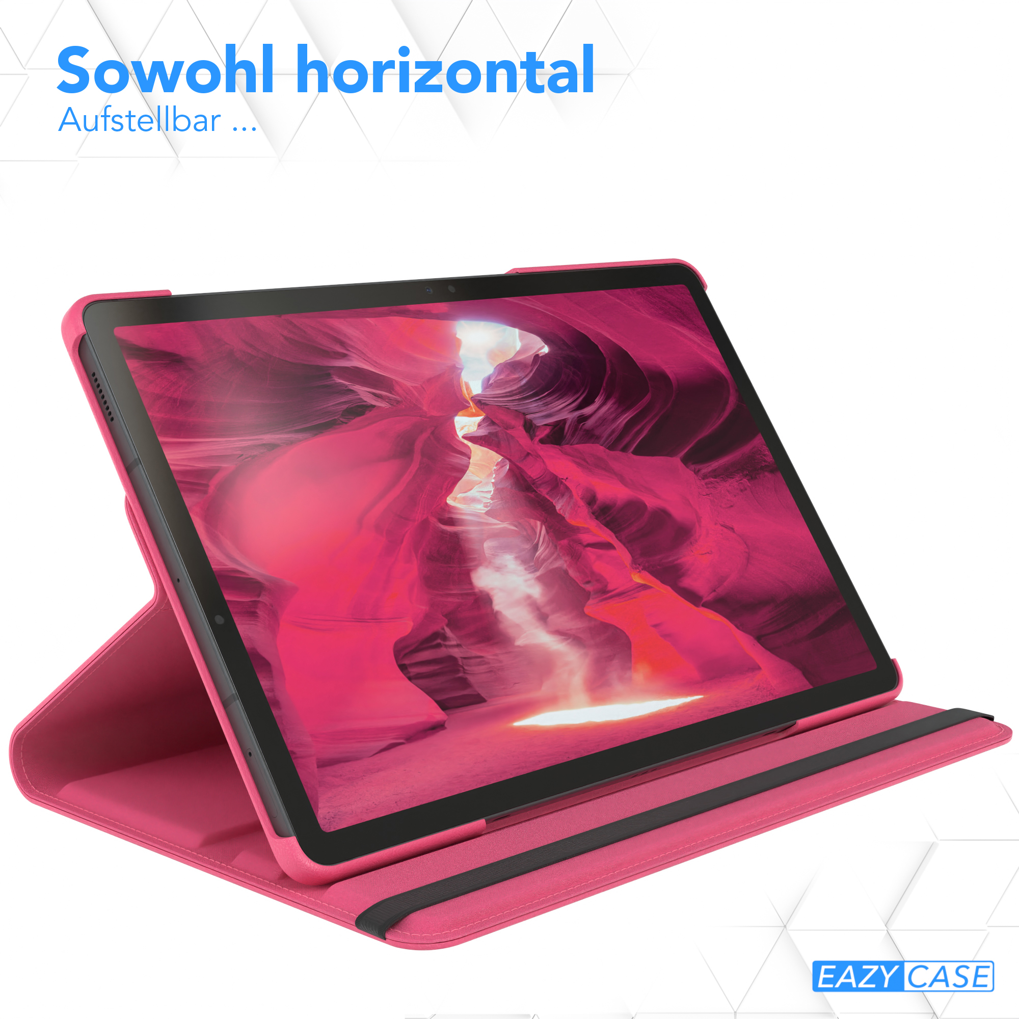 Ein pinkes Tablet in einer pinken Hülle, horizontal angezeigt, mit dem EAZY CASE Logo.