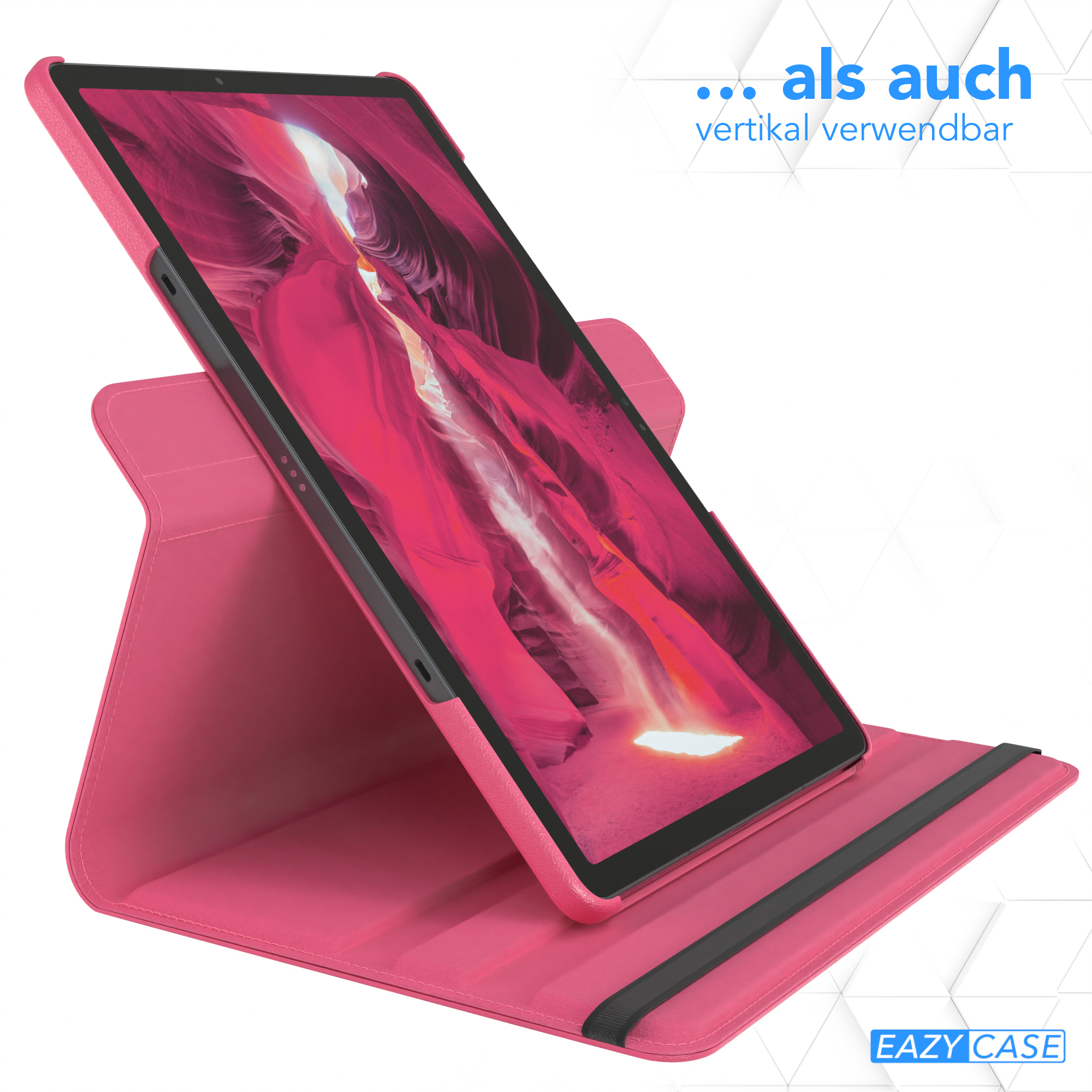 Rosa Tablet in einem Case. Text: '... als auch vertikal verwendbar'. EAZY CASE Logo.