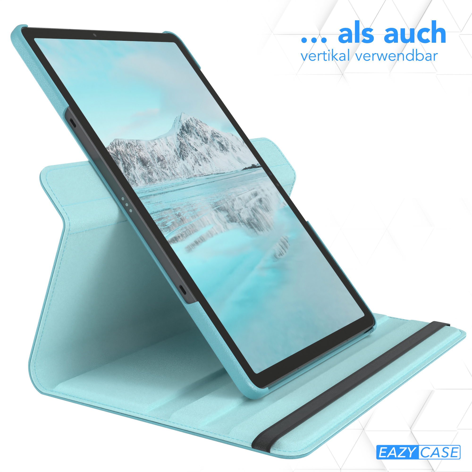 Ein türkisfarbenes Tablet in einer türkisfarbenen Hülle, vertikal angezeigt, mit dem EAZY CASE Logo.