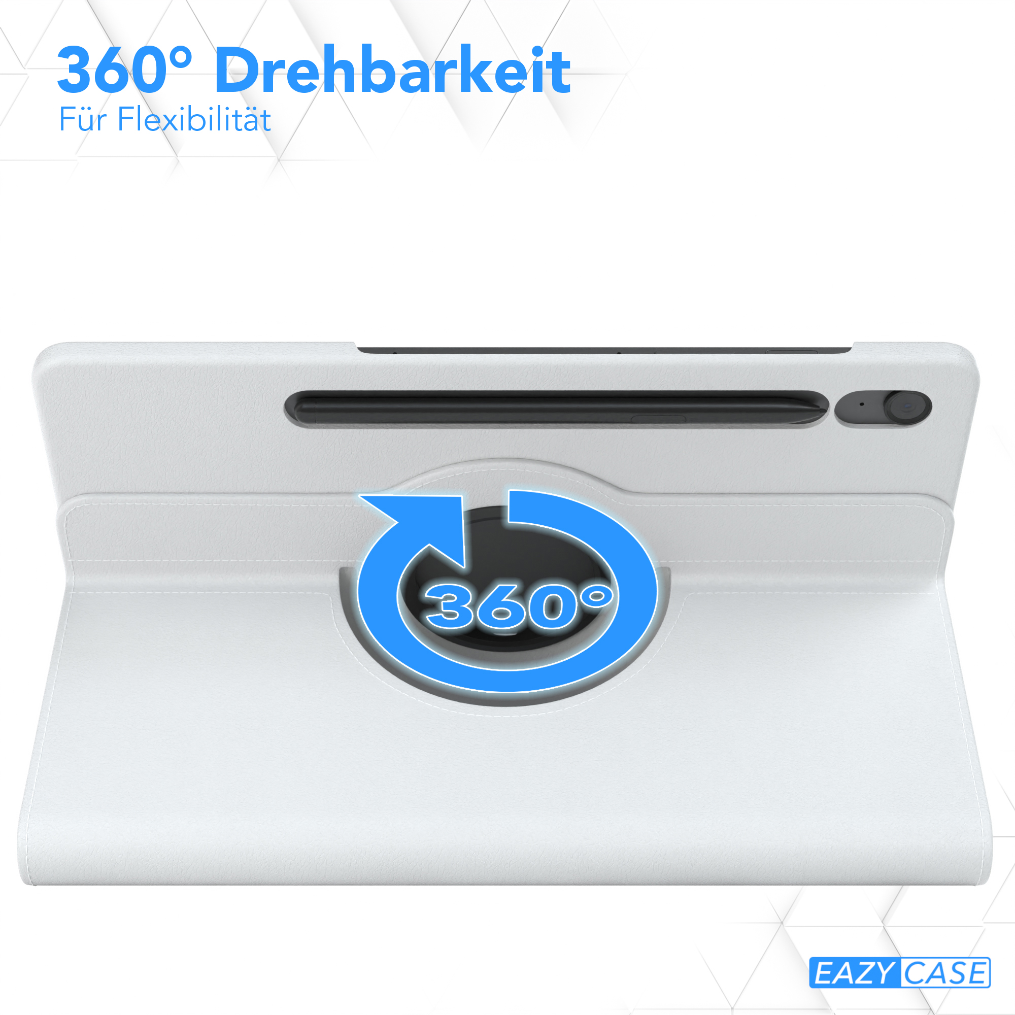 Eine weiße Tablet-Hülle mit einem blauen Pfeil, der eine 360-Grad-Drehung anzeigt, mit Text darüber und darunter.