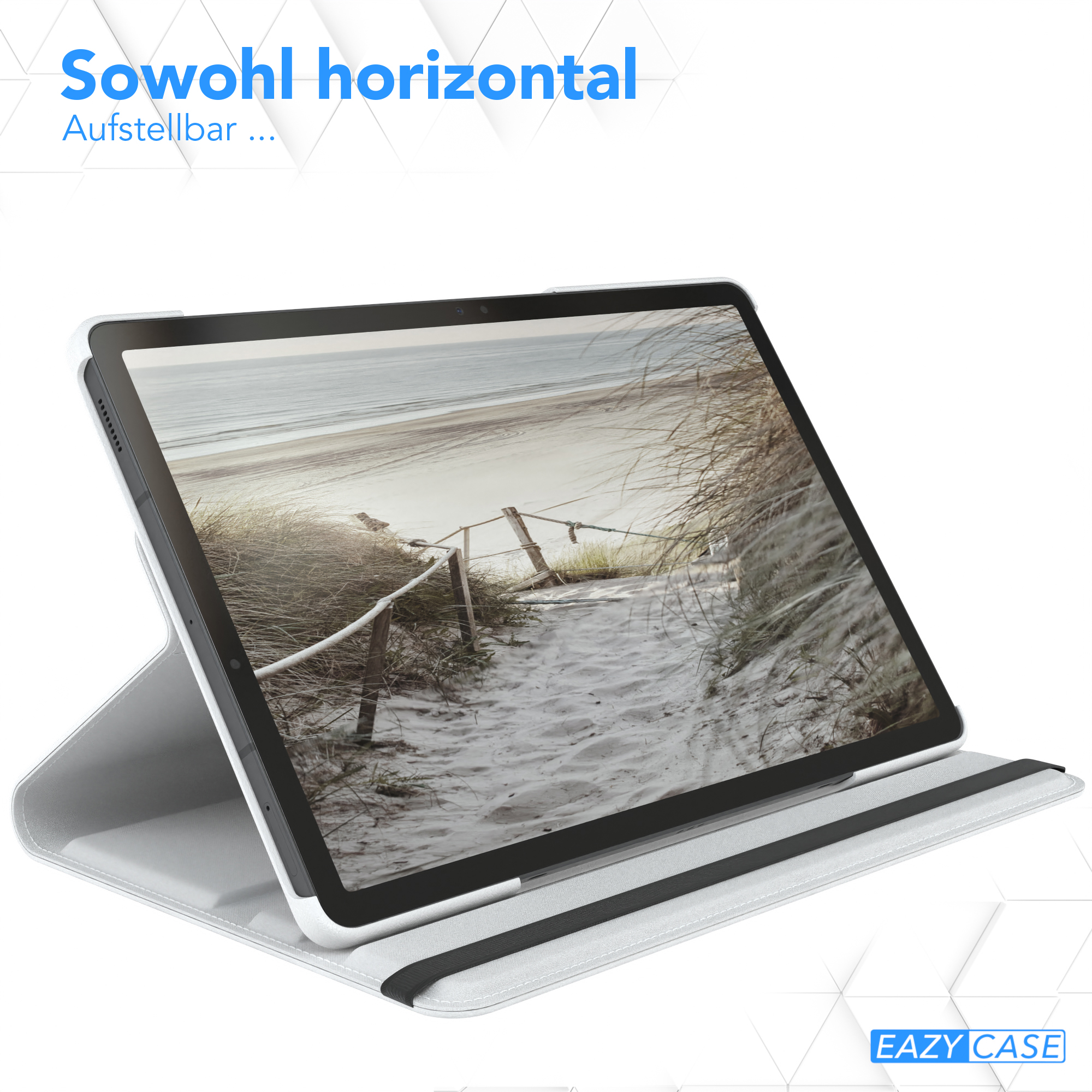 Tablet in weißem Case, mit Strandweg-Bild. Text: 'Sowohl horizontal'. EAZY CASE Logo.