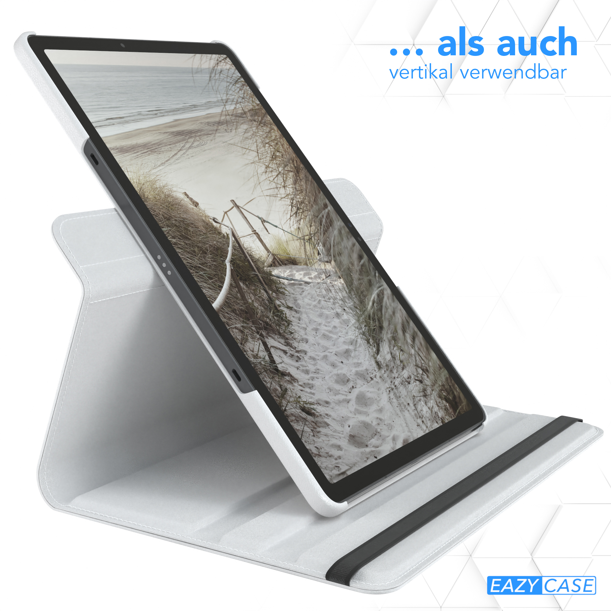 Tablet in weißem Case, zeigt Strandweg-Bild. Text: '... als auch vertikal verwendbar'. EAZY CASE Logo.