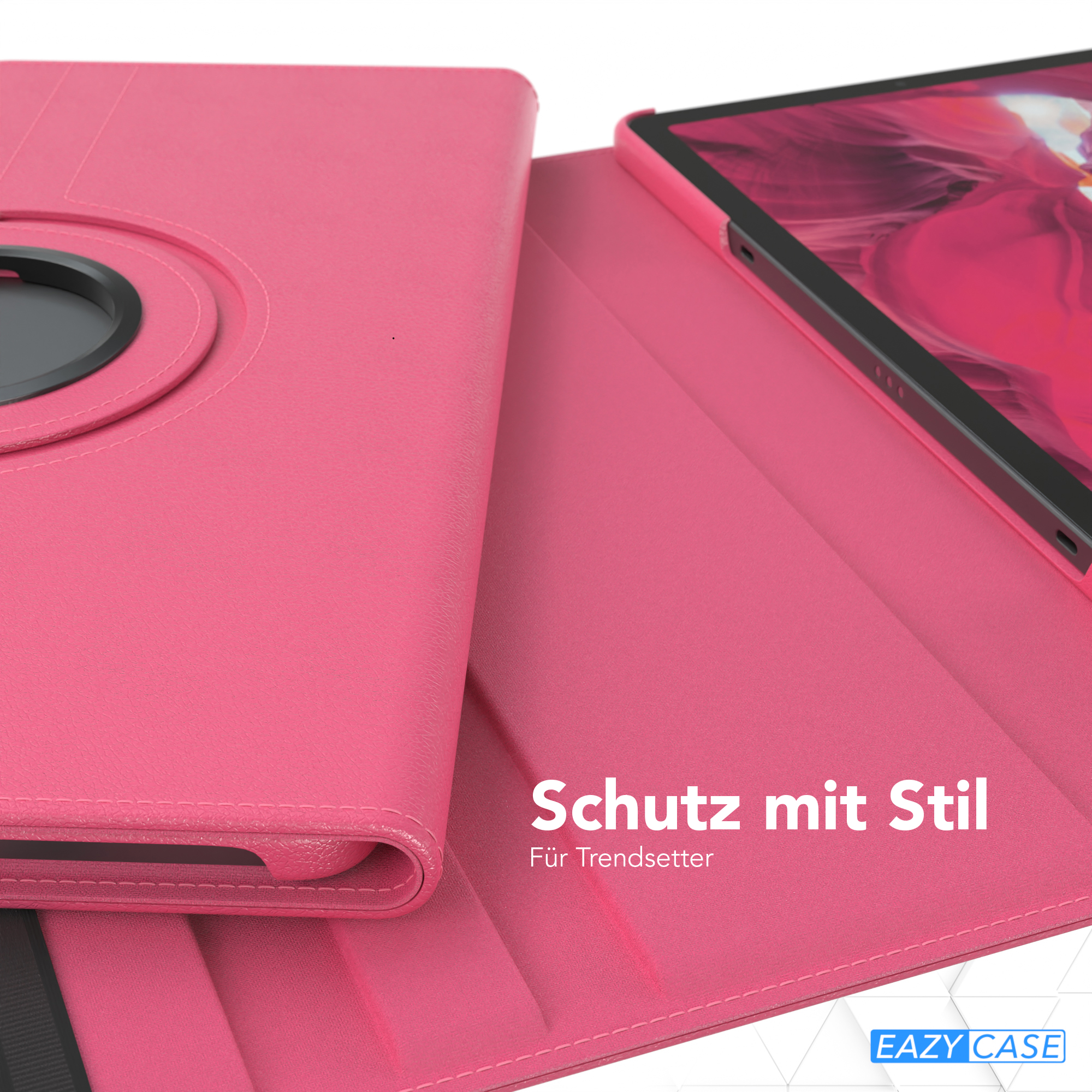 Rosa Tablet-Case. Text: 'Schutz mit Stil'. EAZY CASE Logo.