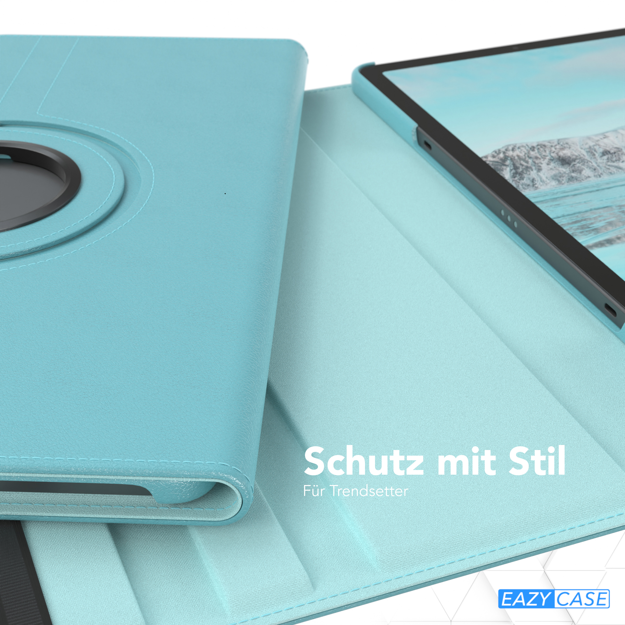 Türkisfarbenes Tablet-Case, mit Text: 'Schutz mit Stil'. EAZY CASE Logo.