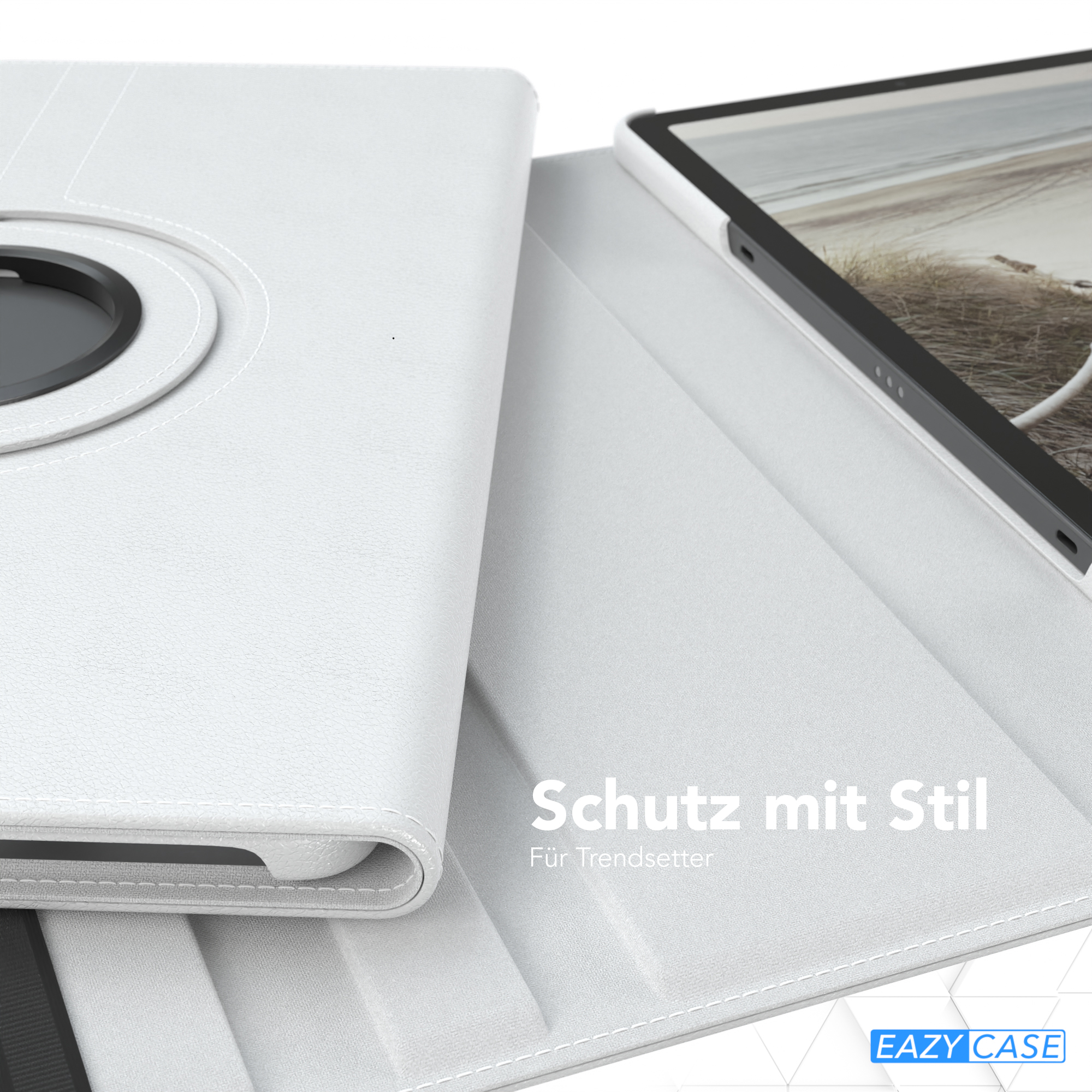 Weißes Tablet-Case mit Text: 'Schutz mit Stil'. EAZY CASE Logo.