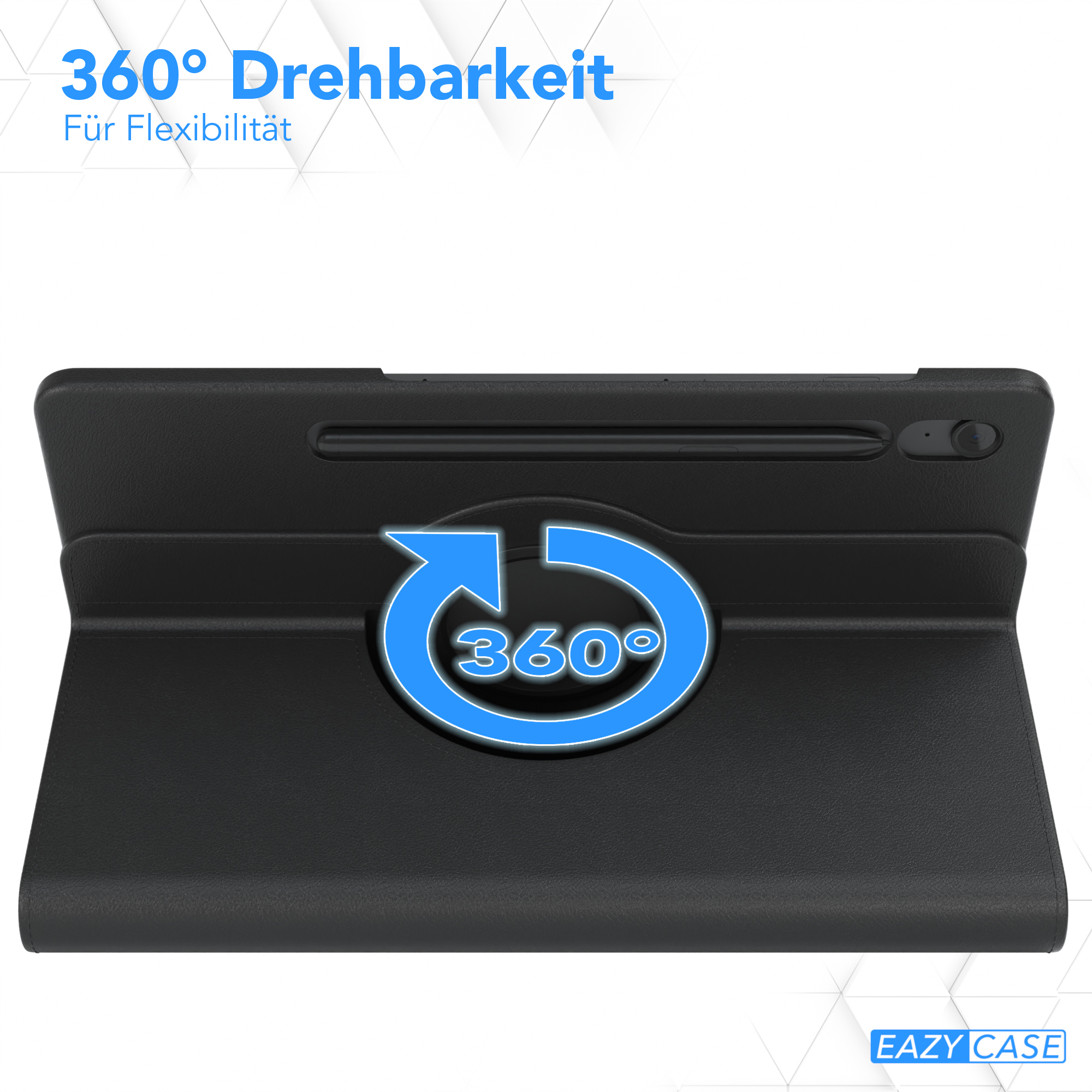 Schwarzes Tablet-Case mit 360°-Drehsymbol. EAZY CASE Logo.