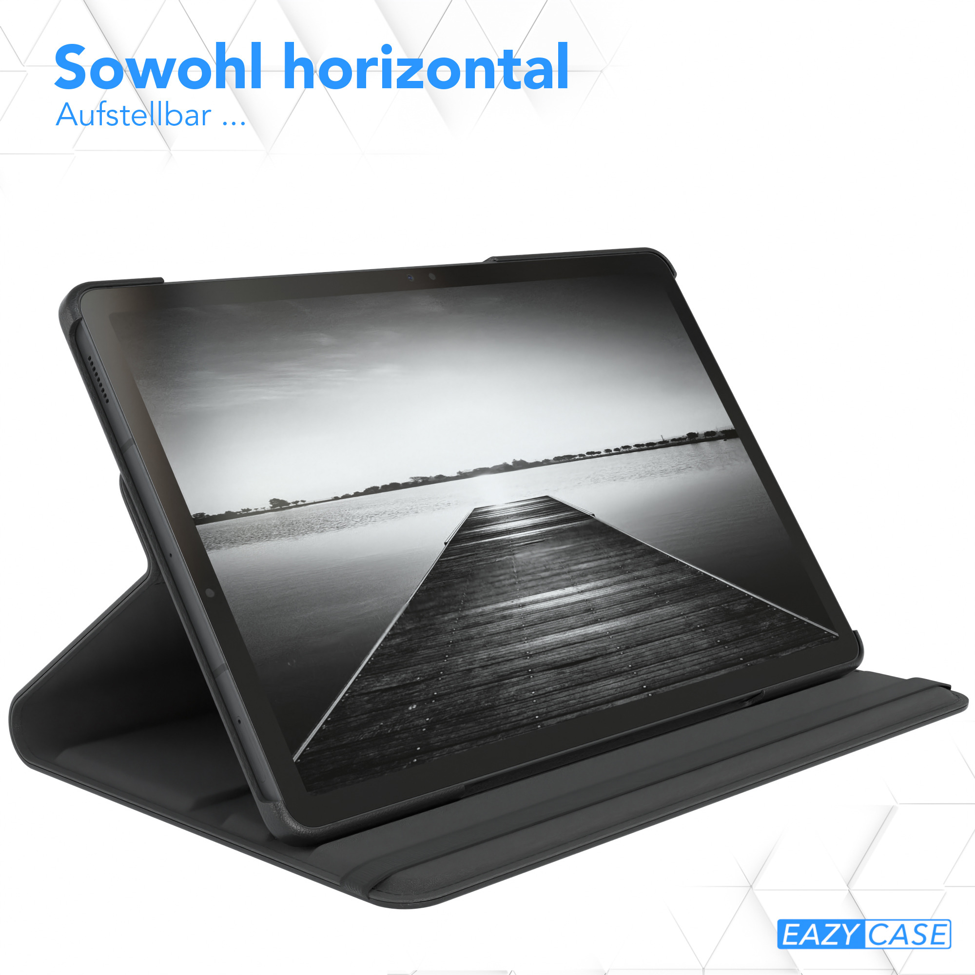 Schwarzes Tablet-Case mit Holzsteg-Bild. Text: 'Sowohl horizontal'. EAZY CASE Logo.