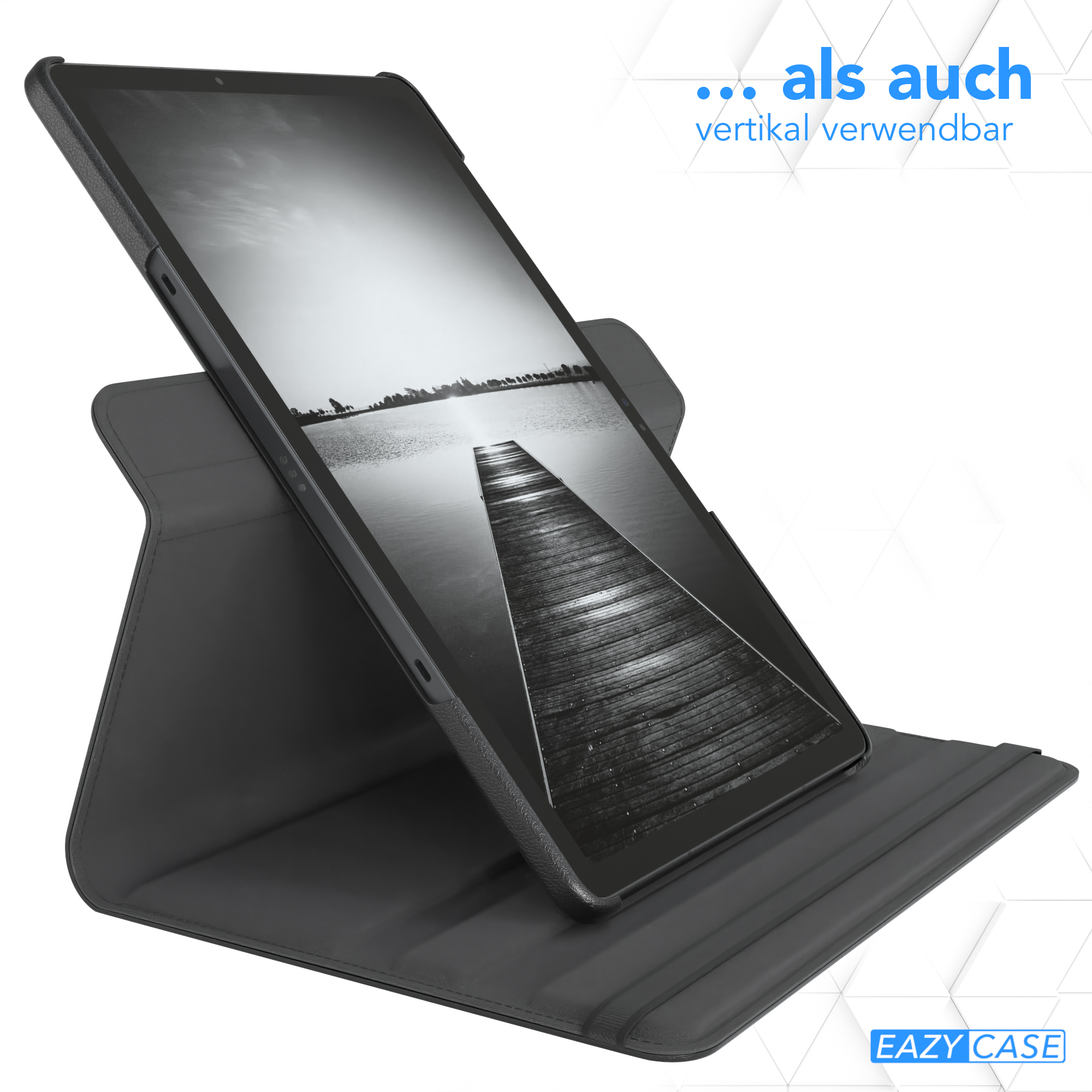 Schwarzes Tablet in einem Ständer mit einem Schwarz-Weiß-Bild eines Piers. Das Tablet ist vertikal.
