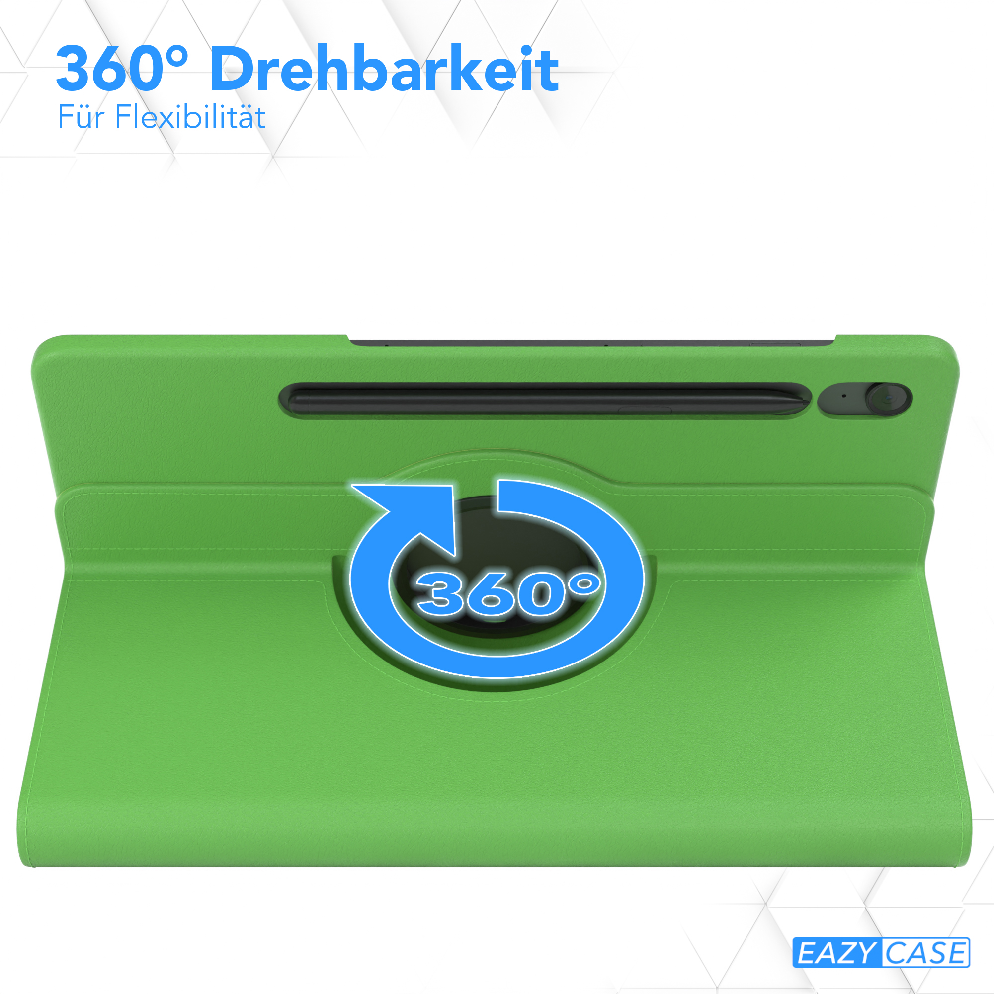 Grüne Tablethülle mit 360-Grad-Drehfunktion und blauem Pfeilsymbol, das die Drehung anzeigt.