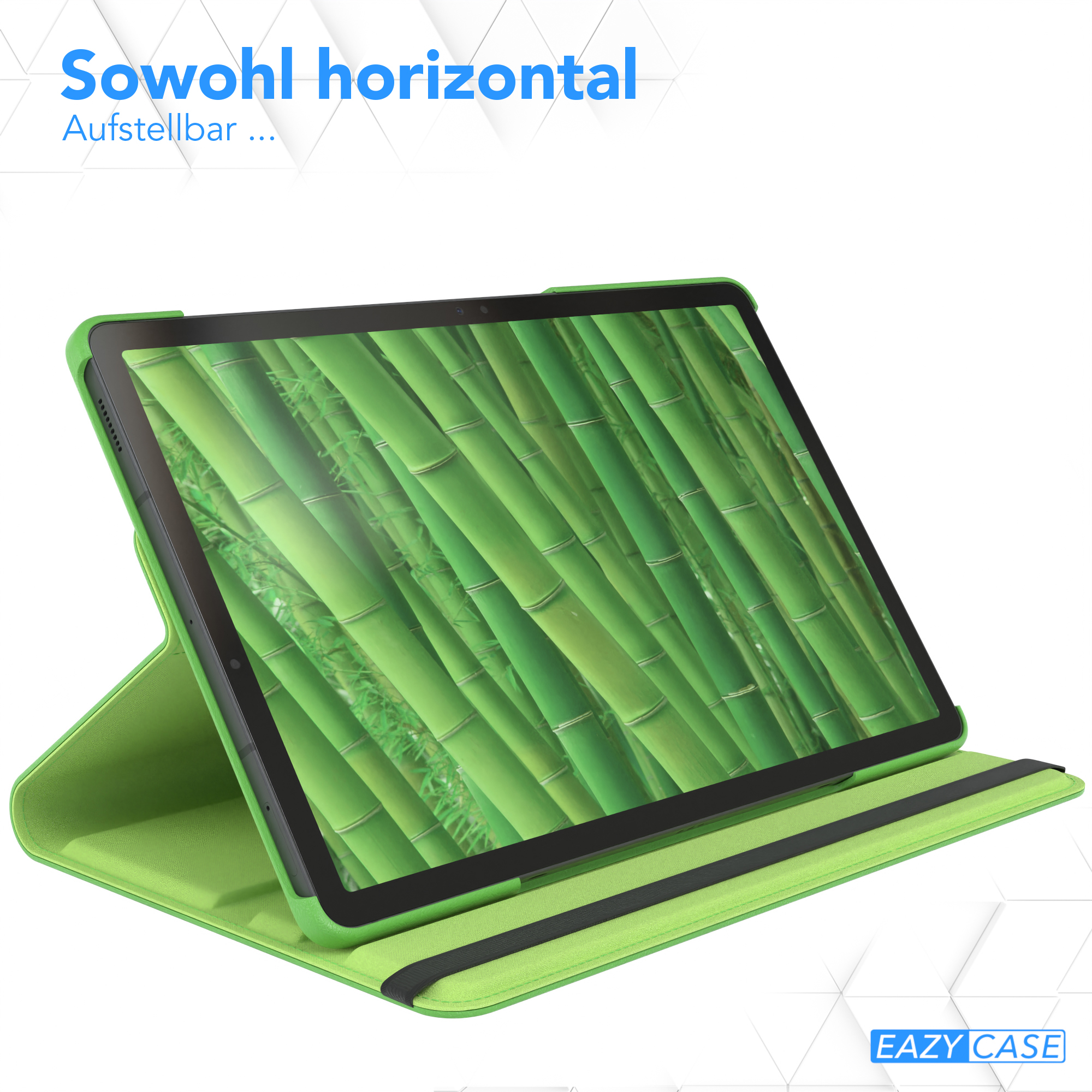 Grüne Tablethülle, die ein Bambuswald-Bild zeigt. Sie befindet sich in horizontaler Position.