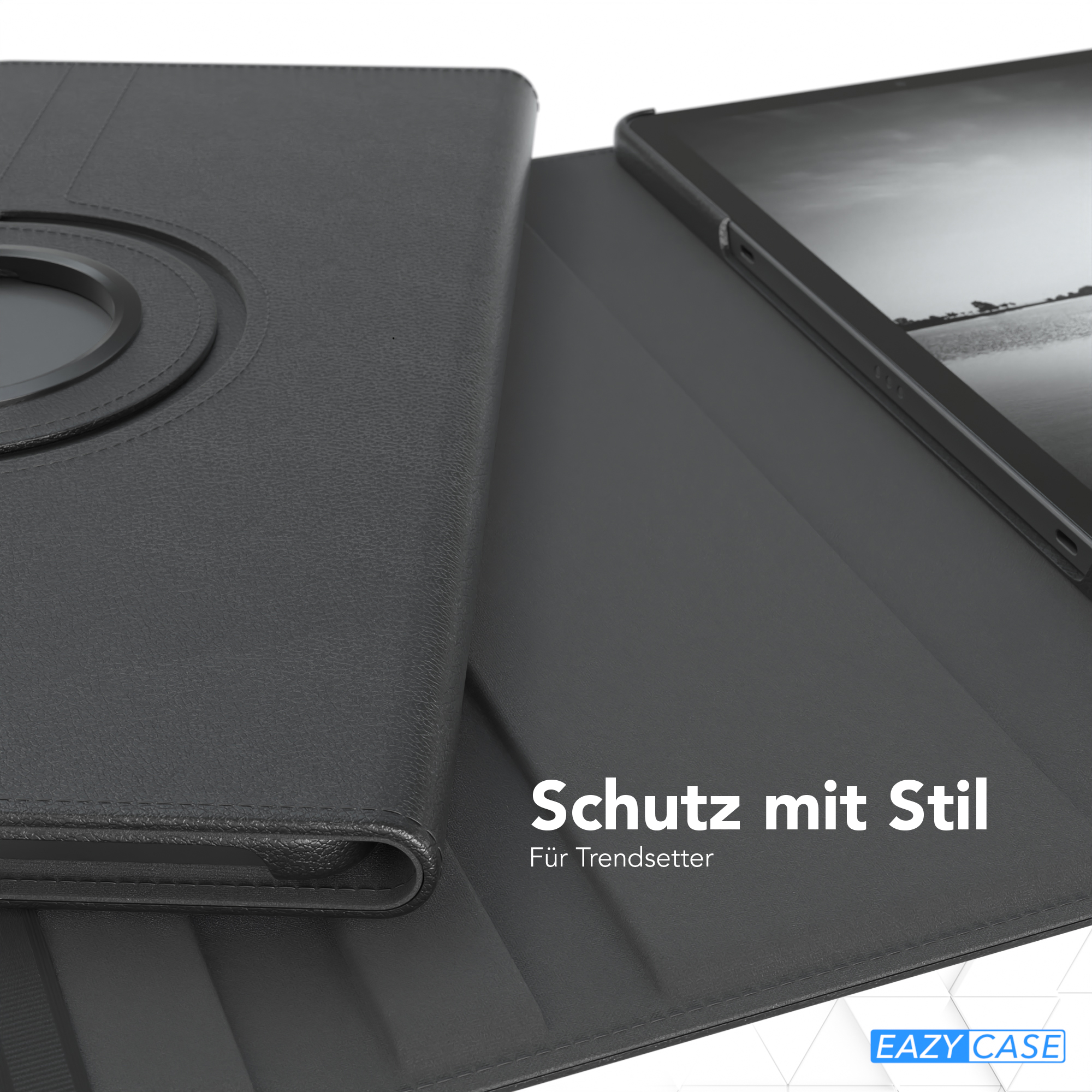Eine schwarze Tablettasche mit Drehfunktion. Die Hülle ist geöffnet und zeigt ein Tablet.