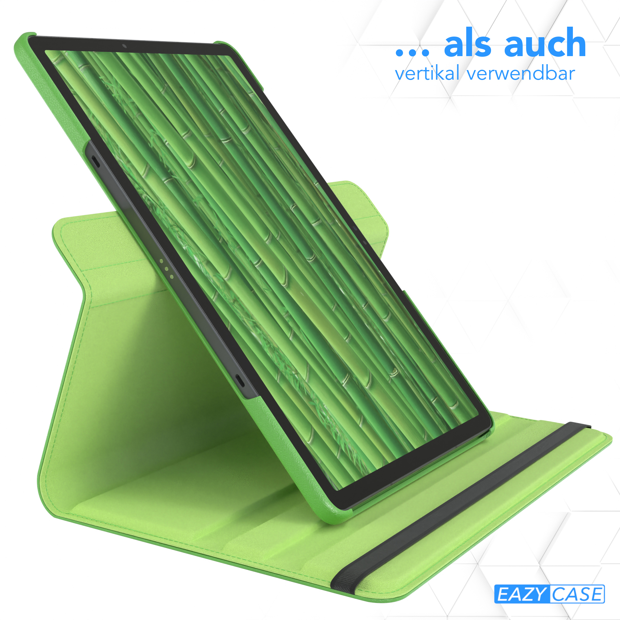 Grünes Tablet in einem Ständer, das ein Bambuswald-Bild zeigt. Das Tablet ist vertikal ausgerichtet.