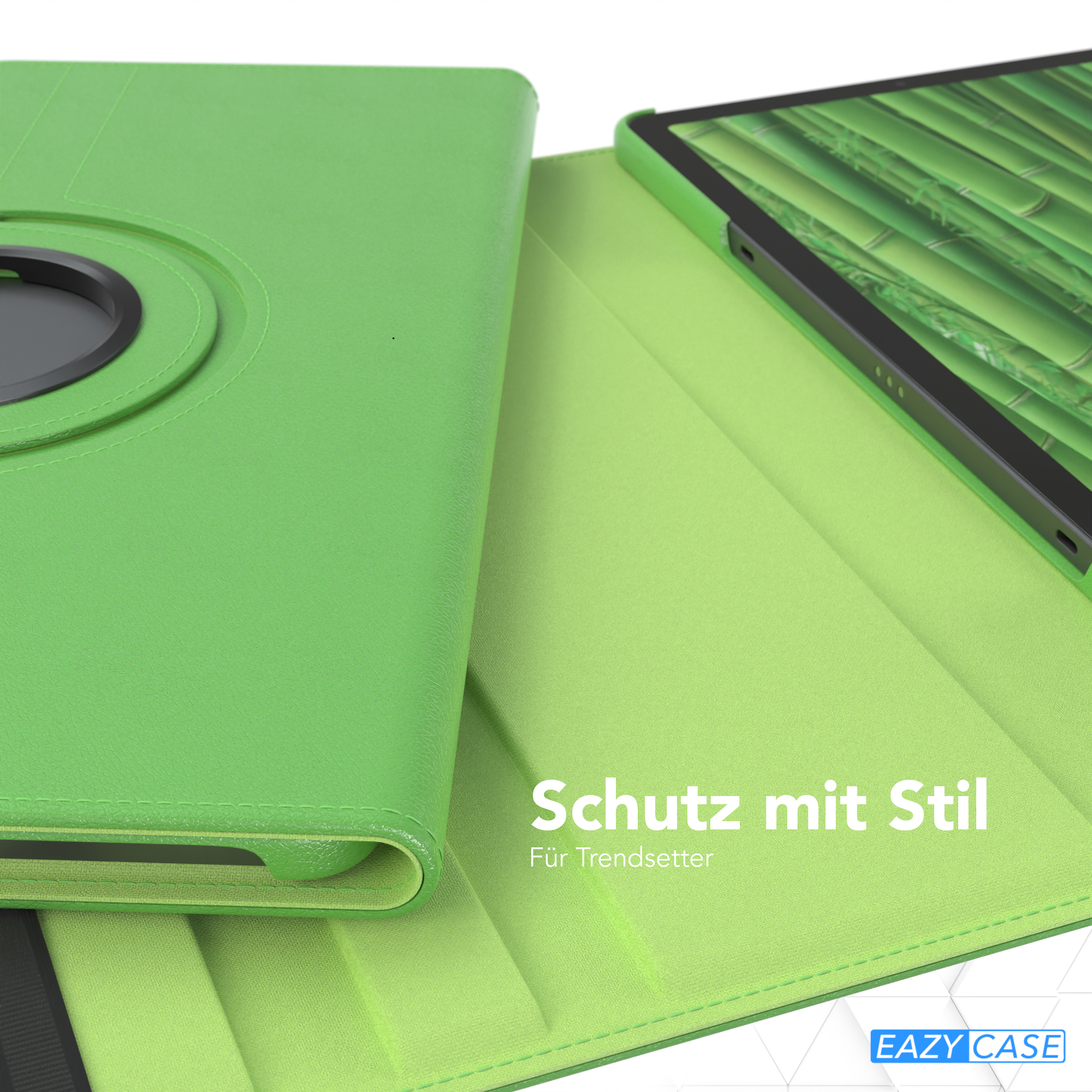 Grüne Tablethülle, die ein Bambuswald-Bild zeigt. Das Tablet ist teilweise geöffnet.