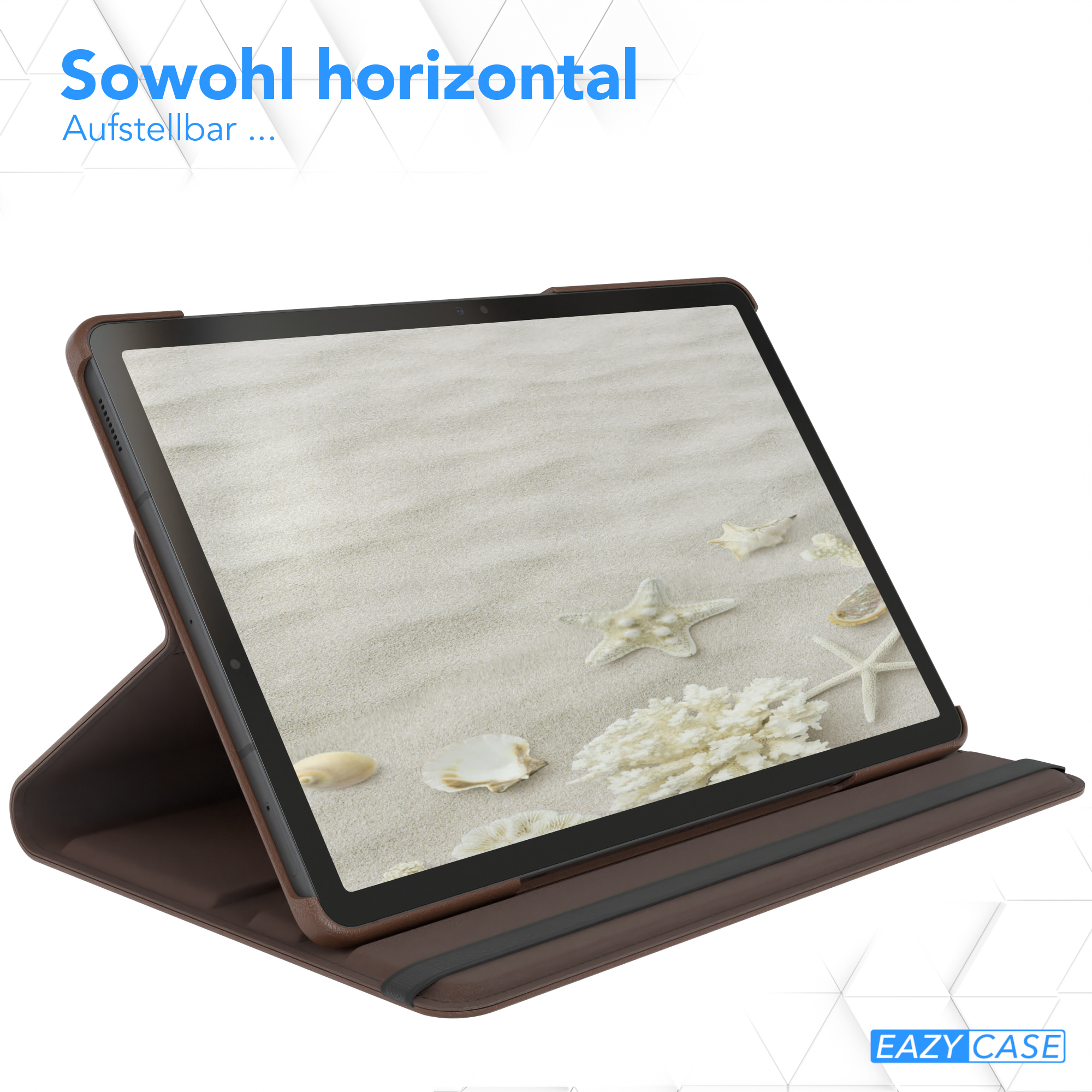 Braune Tablethülle mit einer Strandszene mit Muscheln und Seesternen. Das Tablet ist horizontal.