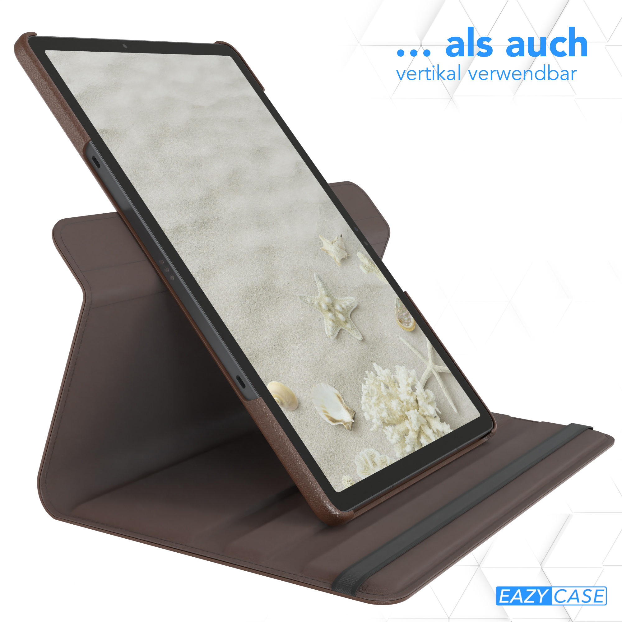 Ein Tablet in einem braunen Gehäuse ist aufgestellt und zeigt eine Strandszene mit Muscheln und Sand.