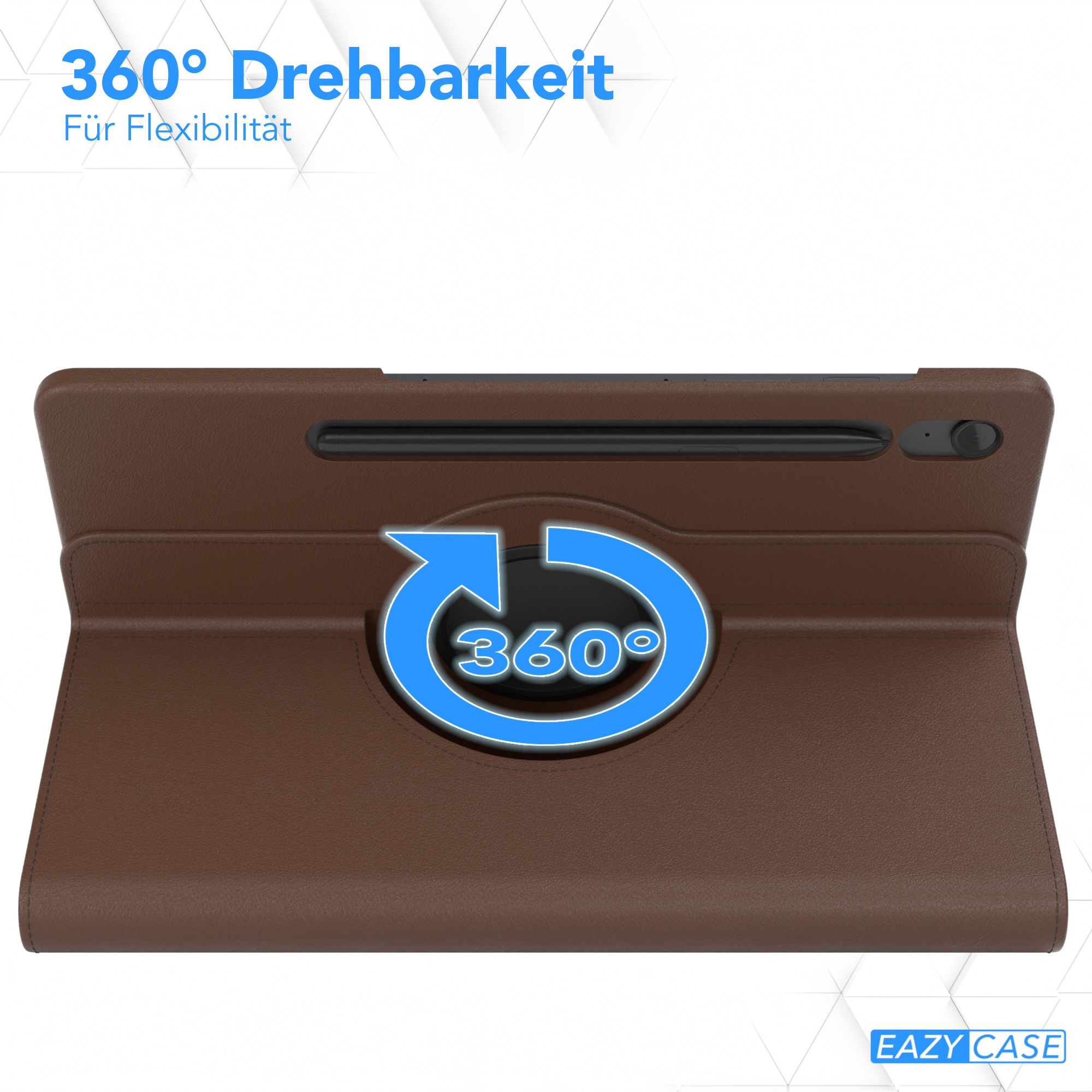 Braune Tablethülle mit einem 360-Grad-Dreipfeil-Symbol und Text sowie einem Stift.