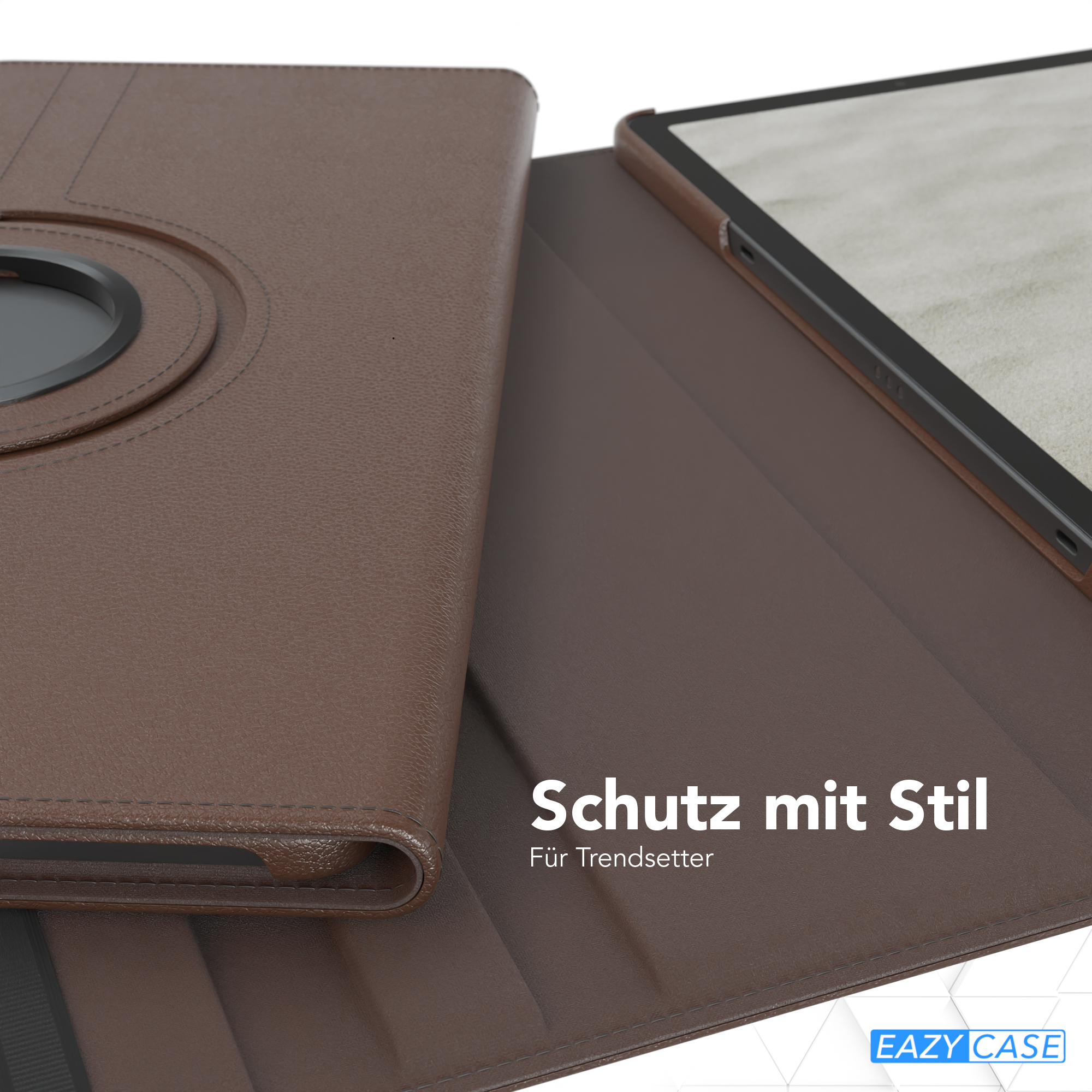 Eine braune Tablet-Hülle, teilweise geöffnet, zeigt ein Tablet. Der Hintergrund ist unscharf.