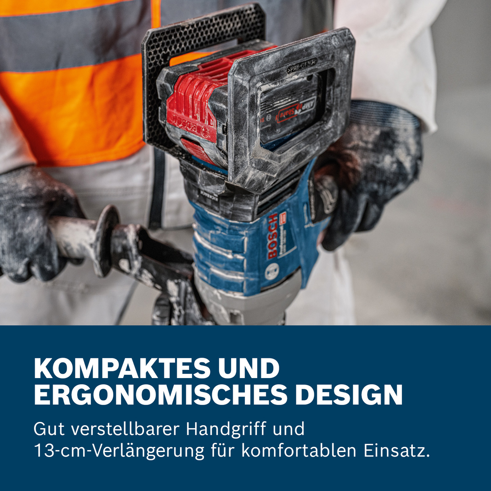 Mann in Arbeitskleidung benutzt ein blaues und schwarzes Elektrowerkzeug. Text: Kompaktes und ergonomisches Design.