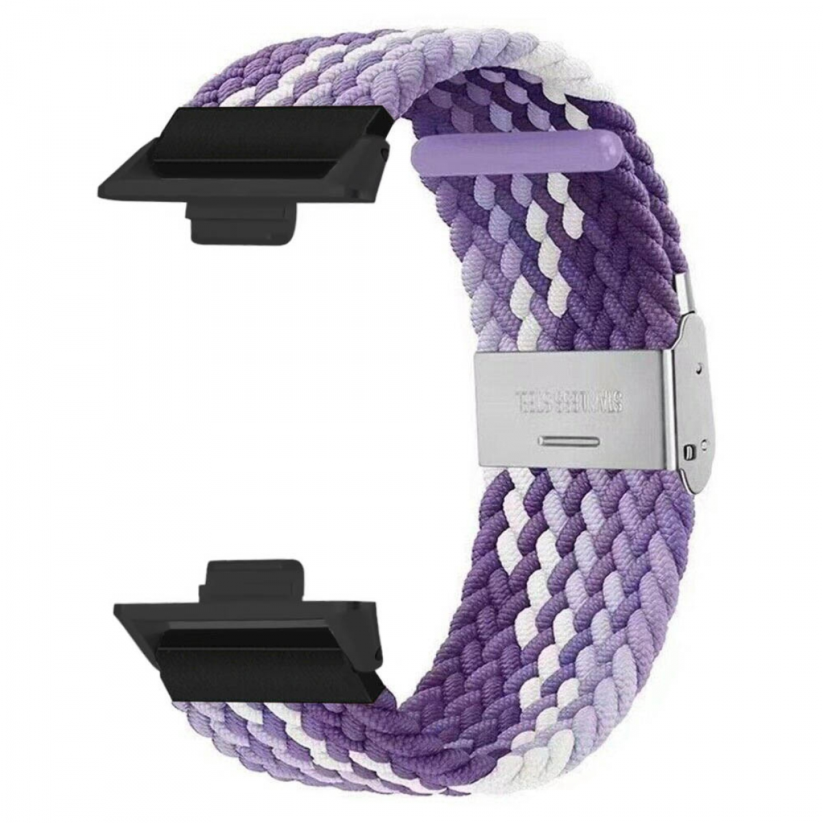 Ein geflochtenes Uhrenarmband in Lila- und Weißtönen. Es hat einen silbernen Verschluss und schwarze Anschlüsse.