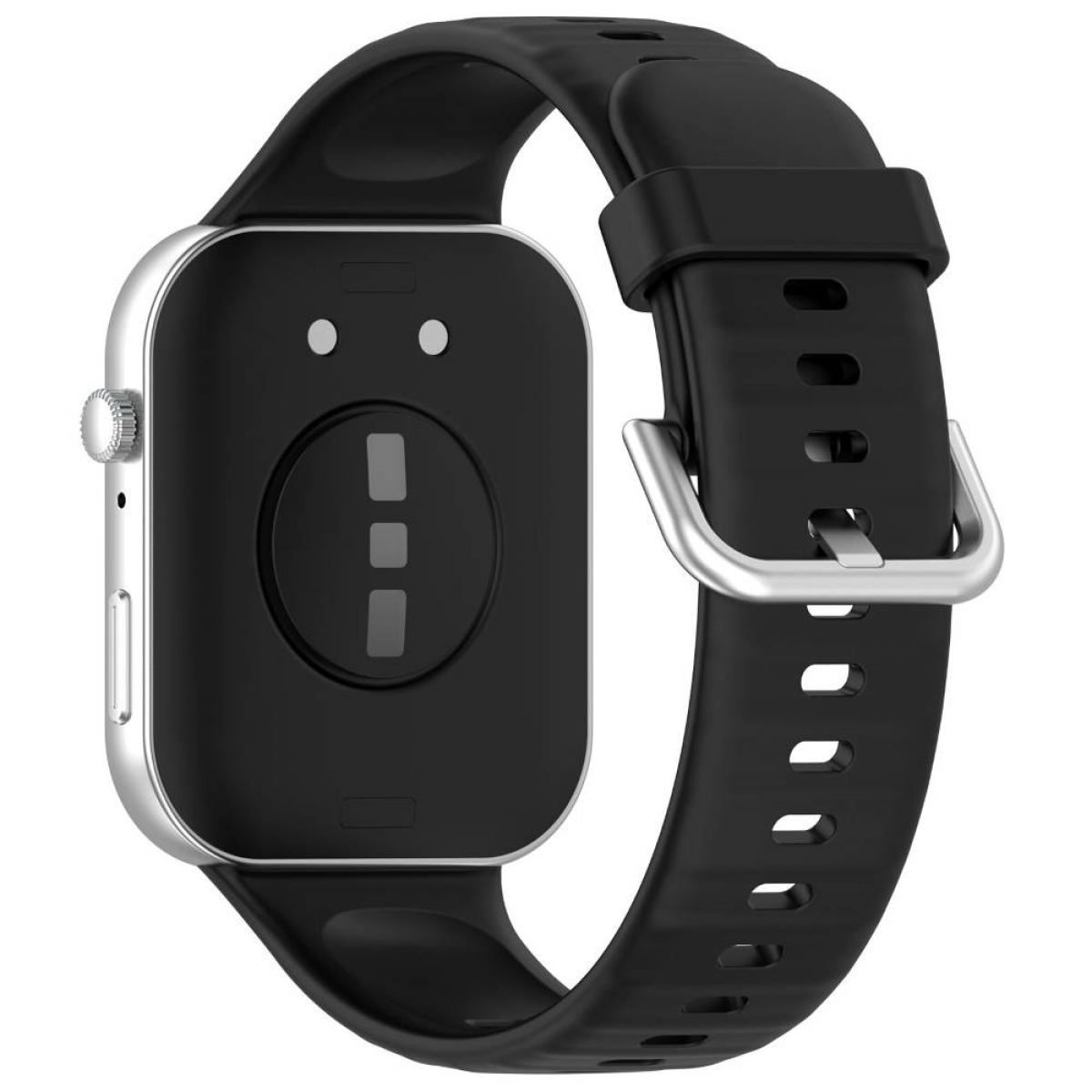 Silberne Smartwatch mit schwarzem Armband. Die Rückseite der Uhr ist schwarz mit einem weißen Liniensymbol.