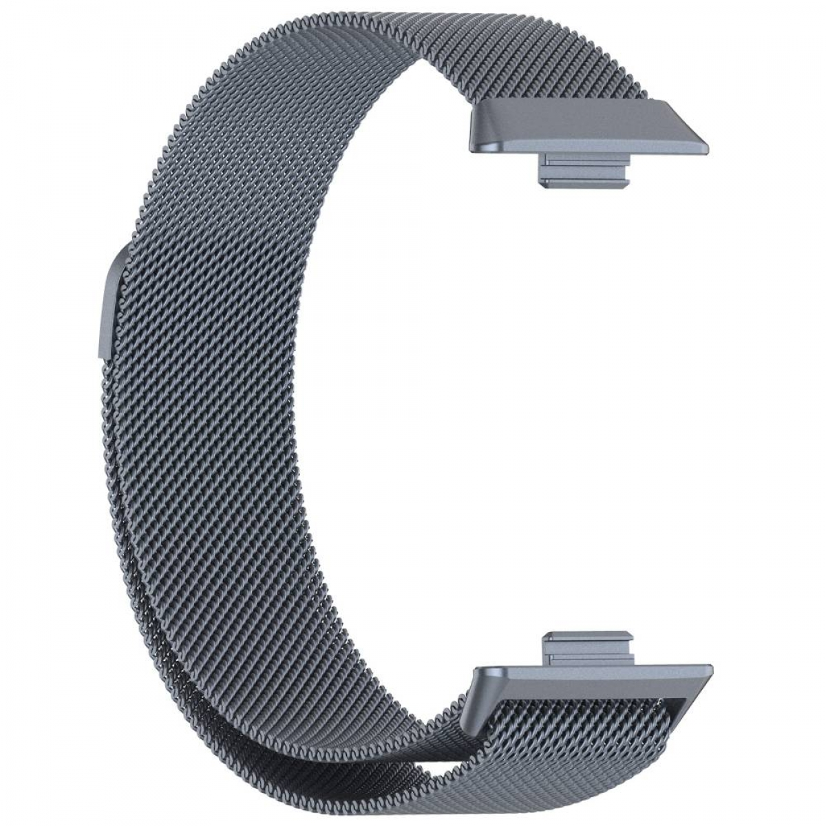 Ein graues Uhrenarmband aus Netzgewebe. Es hat silberne Anschlüsse. Das Armband besteht aus feinem Metallgewebe.