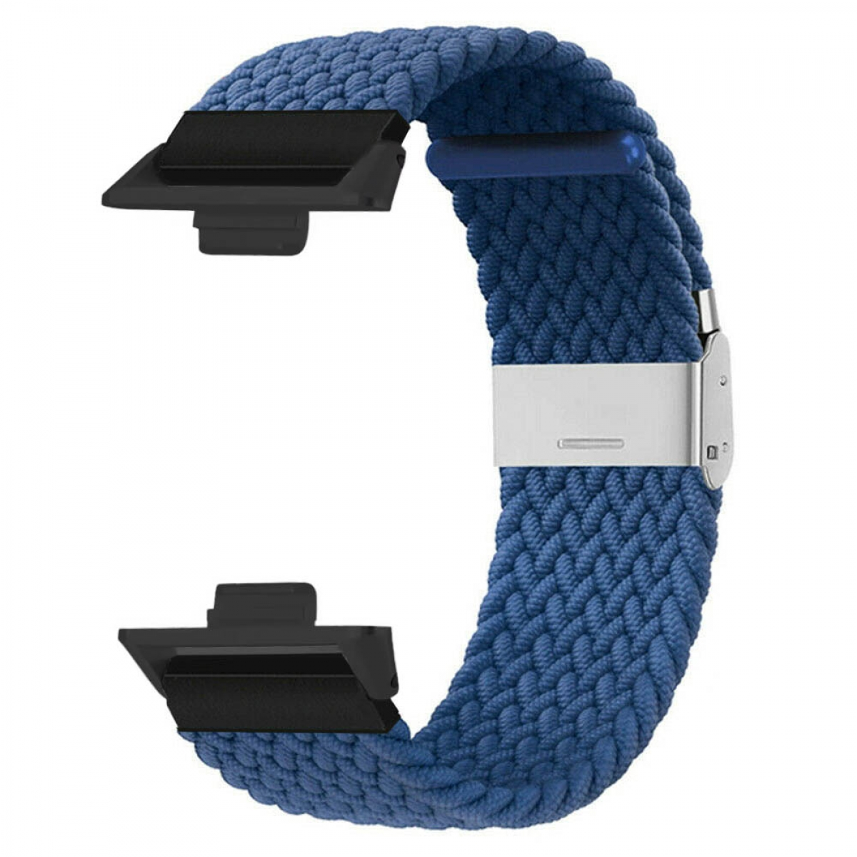 Blau geflochtenes Uhrenarmband mit schwarzen Anschlüssen und Edelstahlschnalle.