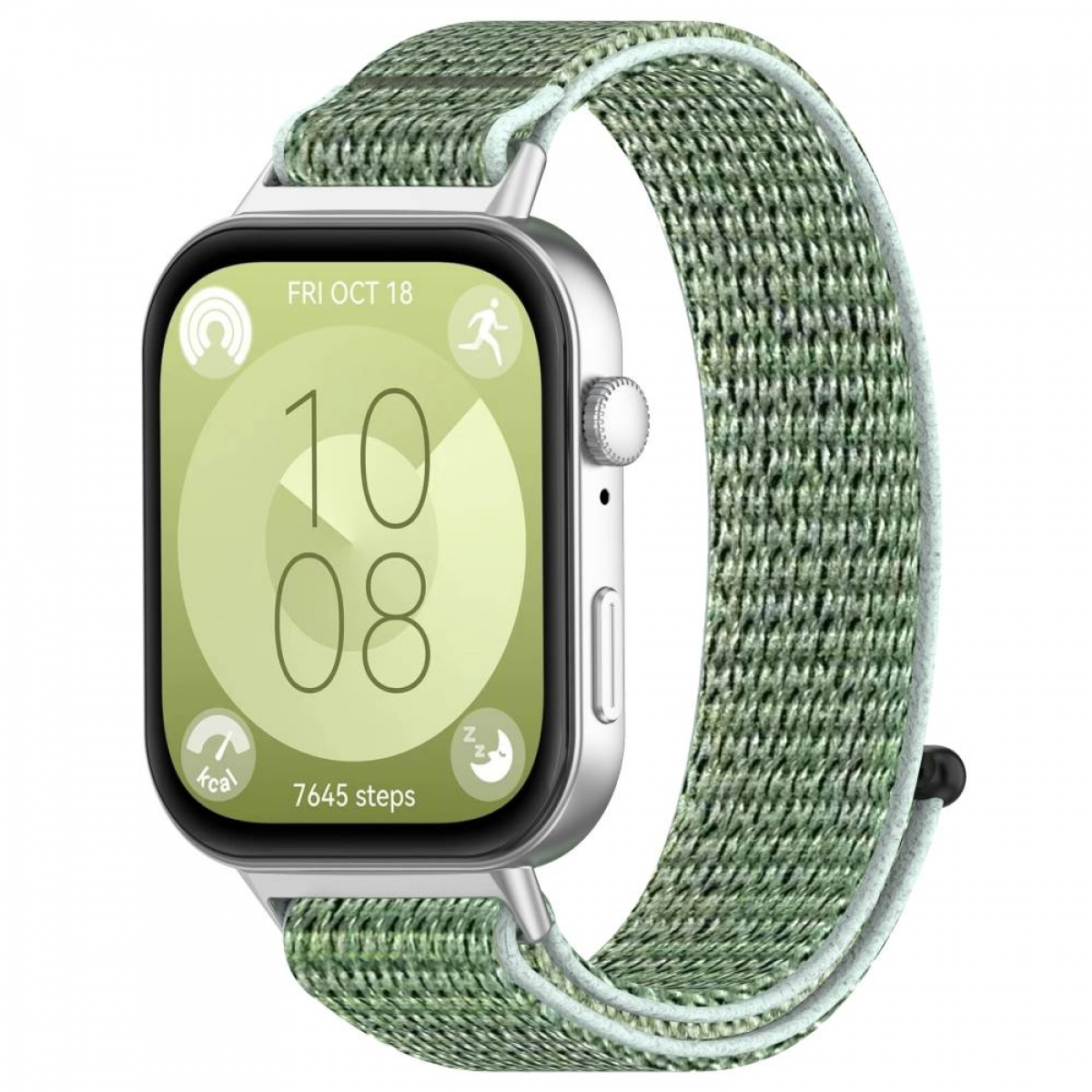 Silberne Smartwatch mit grünem Stoffband. Bildschirm zeigt Zeit, Datum, Aktivitätsdaten und 7645 Schritte.