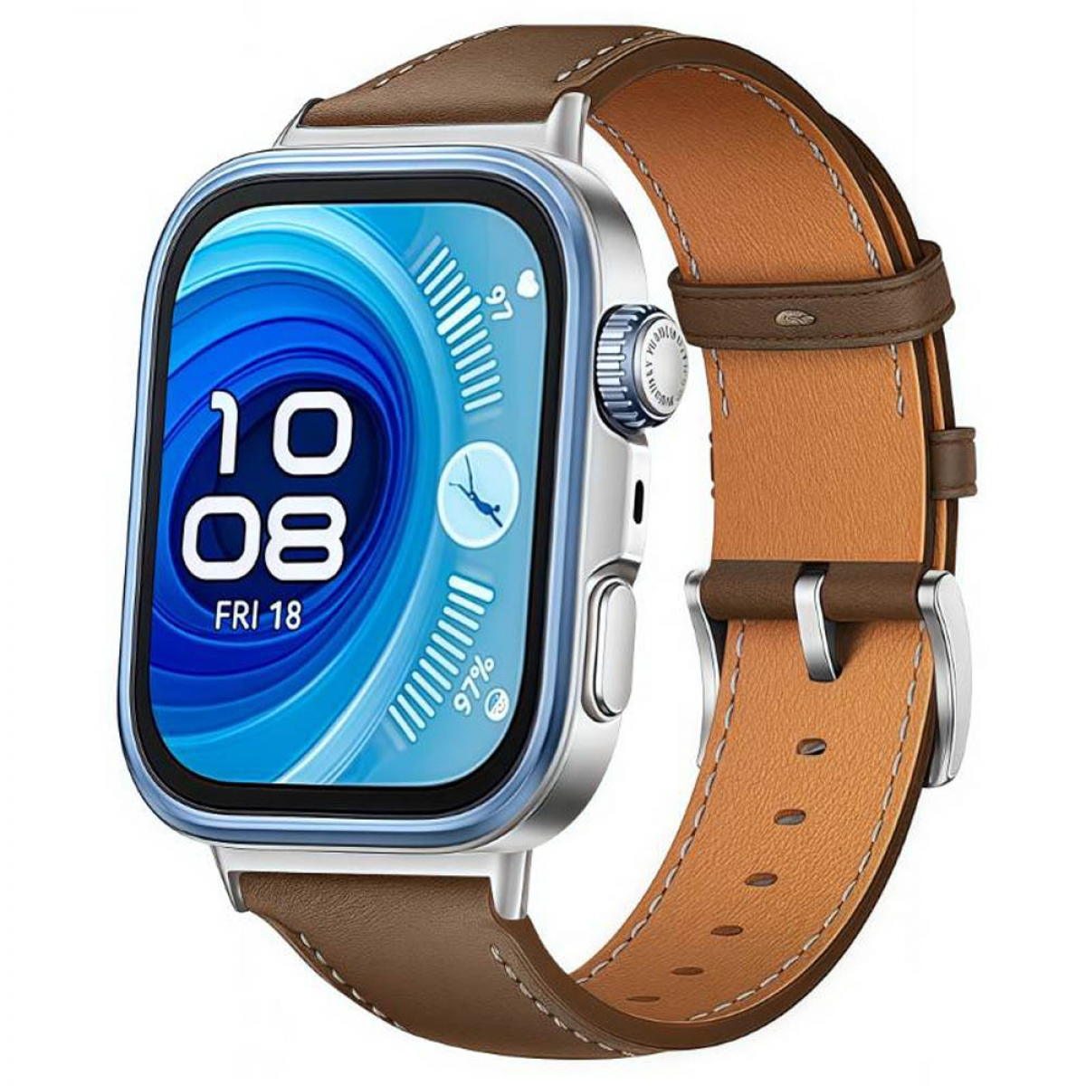 Silberne Smartwatch mit braunem Lederarmband. Bildschirm zeigt Zeit, Datum und Akkustand.