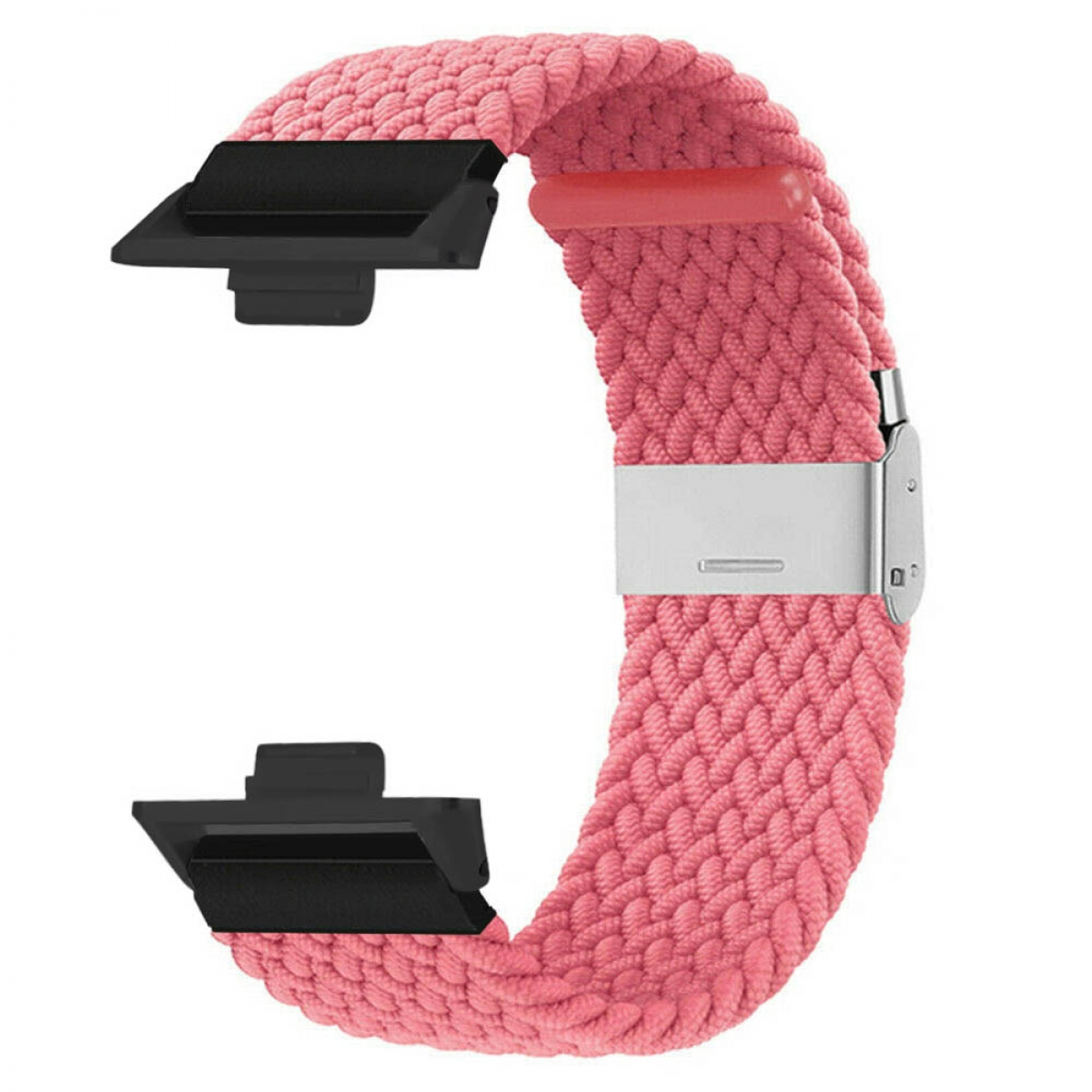 Rosa geflochtenes Uhrenarmband mit schwarzen Anschlüssen und Edelstahlschnalle.