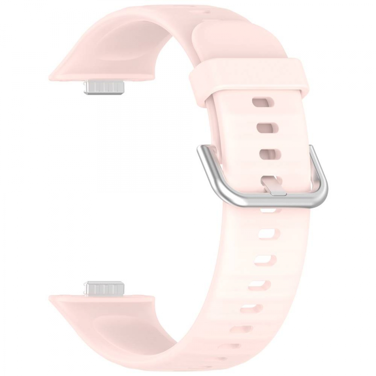 Ein rosa Uhrenarmband mit silberner Schnalle und Verbindungsstiften.