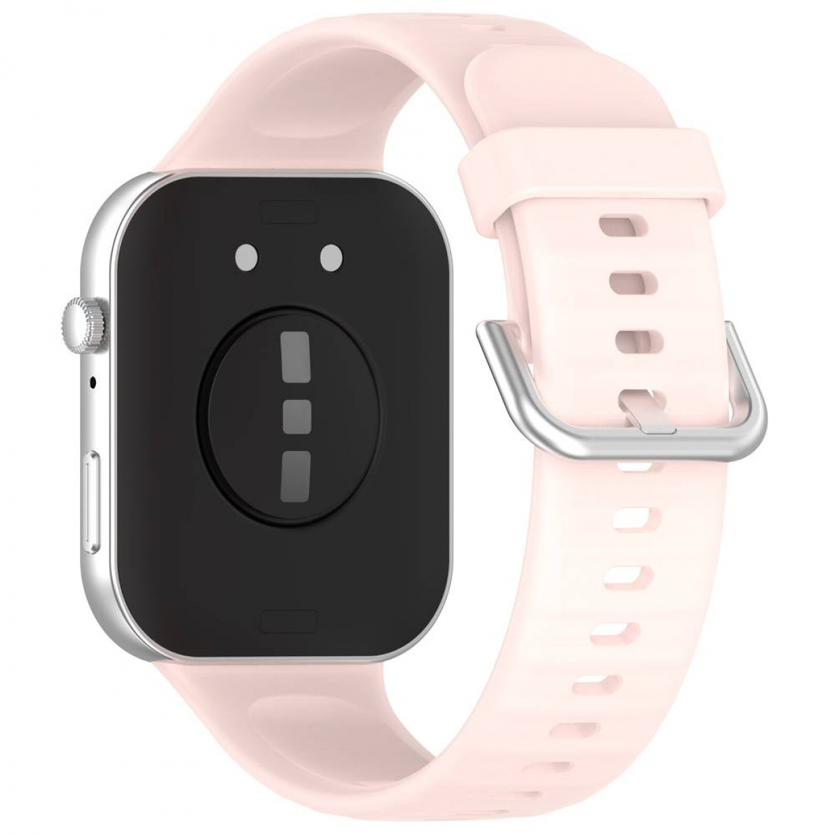 Eine Smartwatch mit pinkfarbenem Armband. Das Zifferblatt ist schwarz mit einem weißen Liniensymbol.
