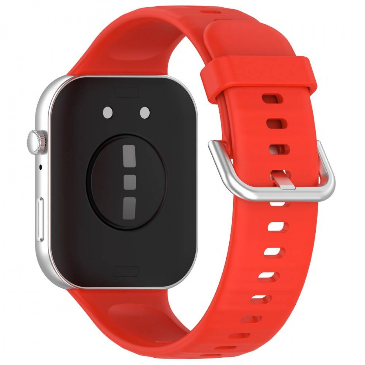 Eine Smartwatch mit rotem Armband. Die Uhr hat ein schwarzes Zifferblatt mit weißem Liniensymbol.