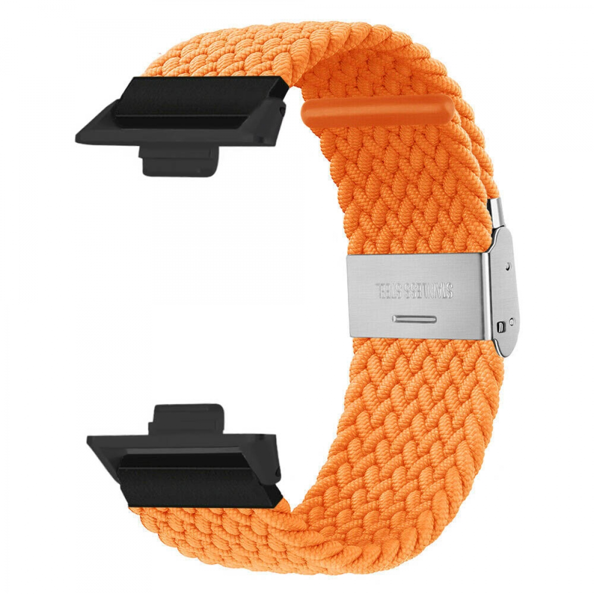 Ein orangefarbenes geflochtenes Uhrenarmband mit Edelstahlschnalle. Schwarze Anschlüsse oben und unten.