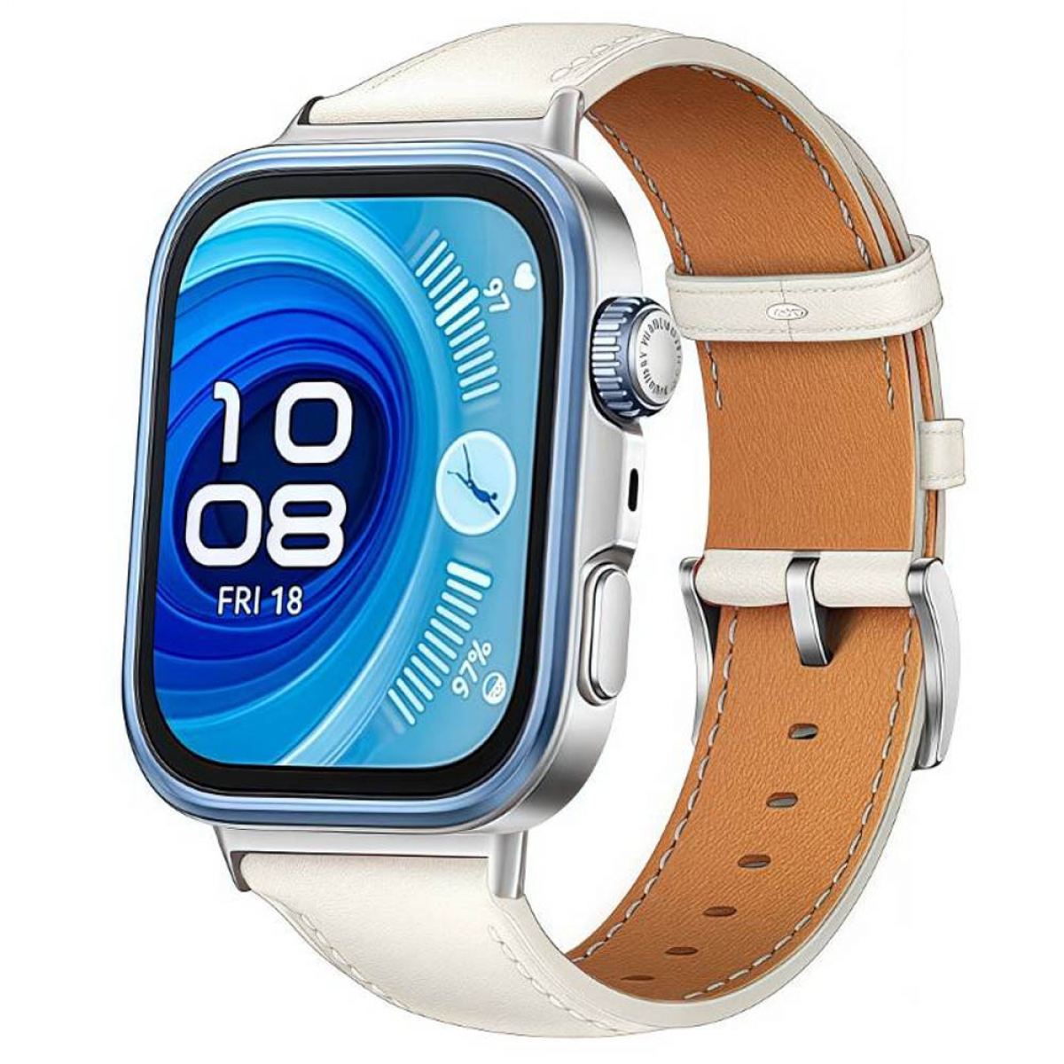 Weiße Smartwatch mit weiß-braunem Band. Der Bildschirm zeigt Datum und Uhrzeit.