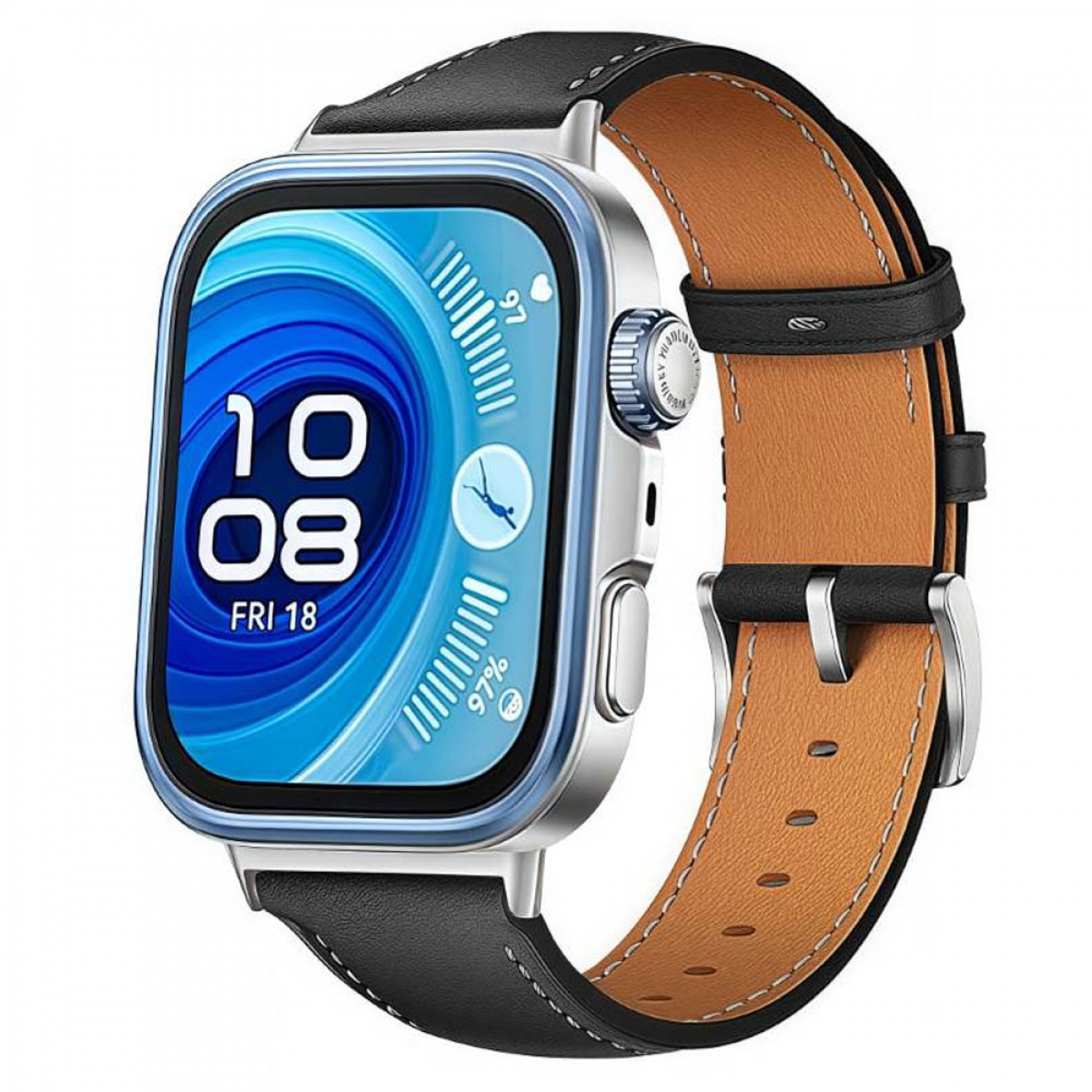 Eine Smartwatch mit blauem Bildschirm, der Zeit und Wassertropfensymbol zeigt. Das Armband ist aus Leder.