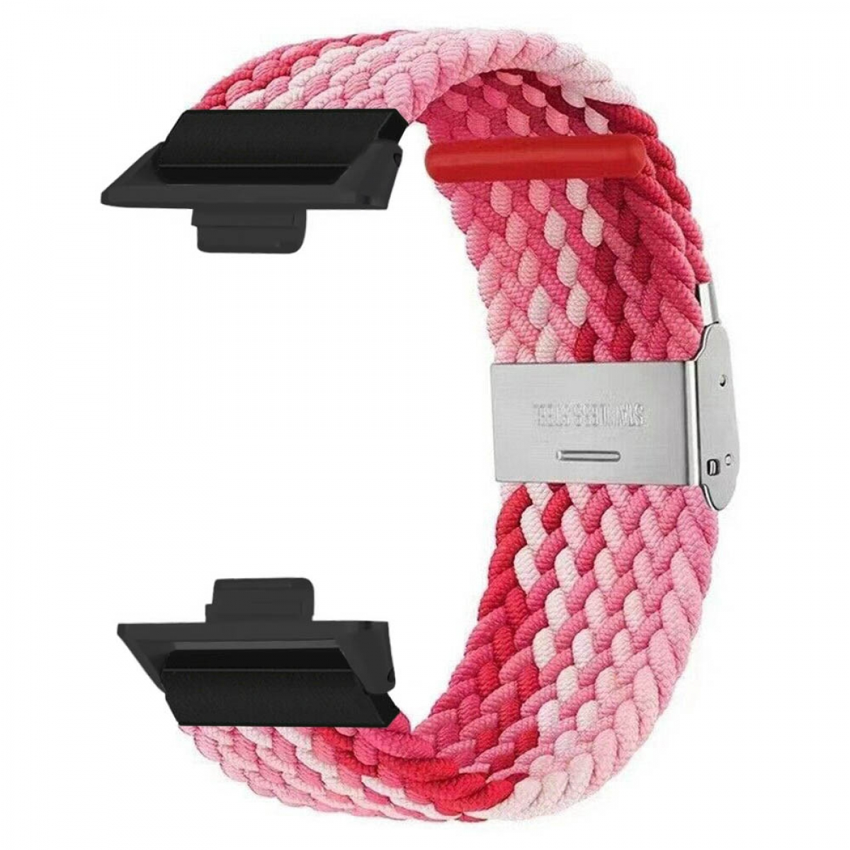 Ein pinkfarbenes geflochtenes Uhrenarmband mit Edelstahlschnalle. Schwarze Anschlüsse.