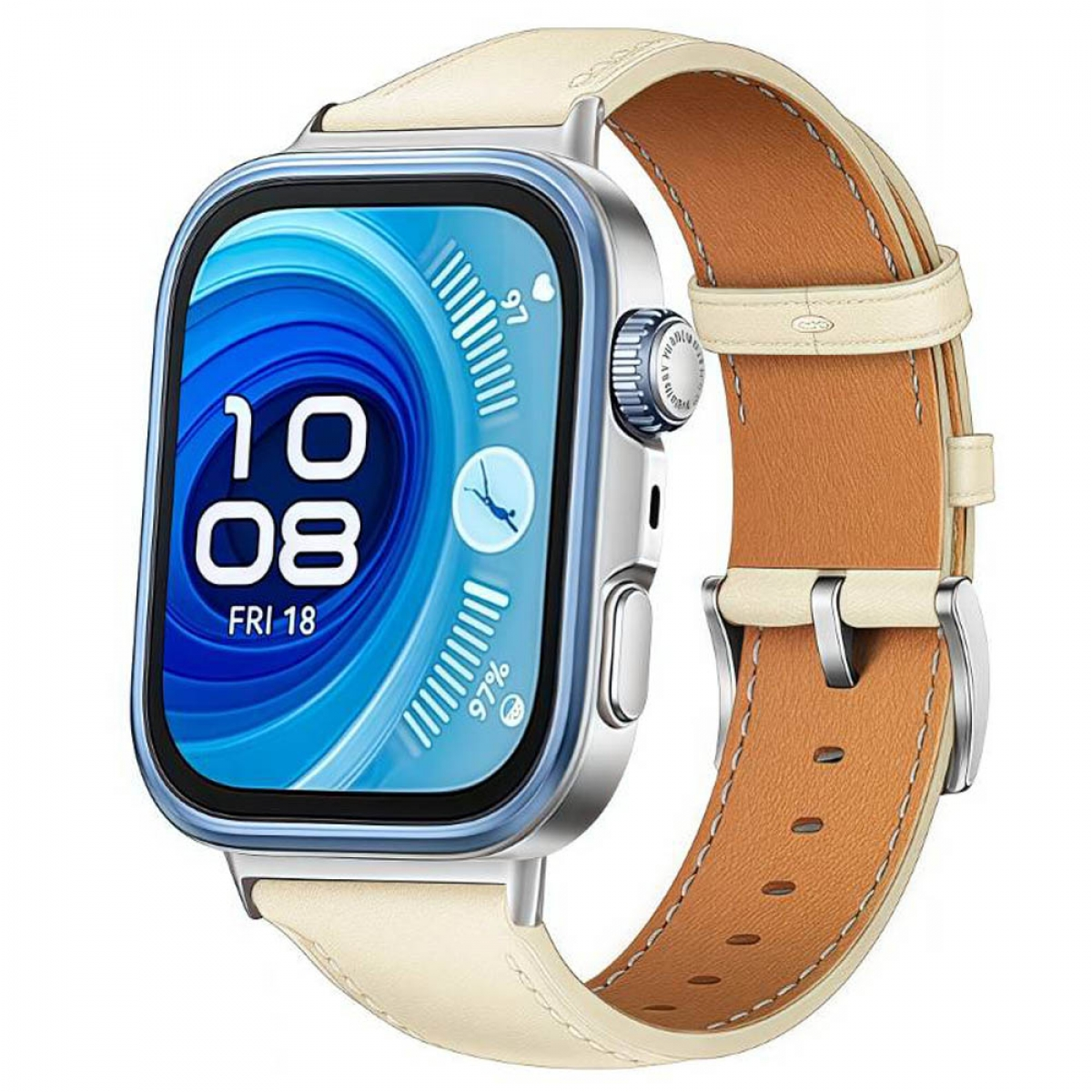 Eine Smartwatch mit cremefarbenem Lederarmband. Das Zifferblatt zeigt die Uhrzeit und einen blauen Wirbel.