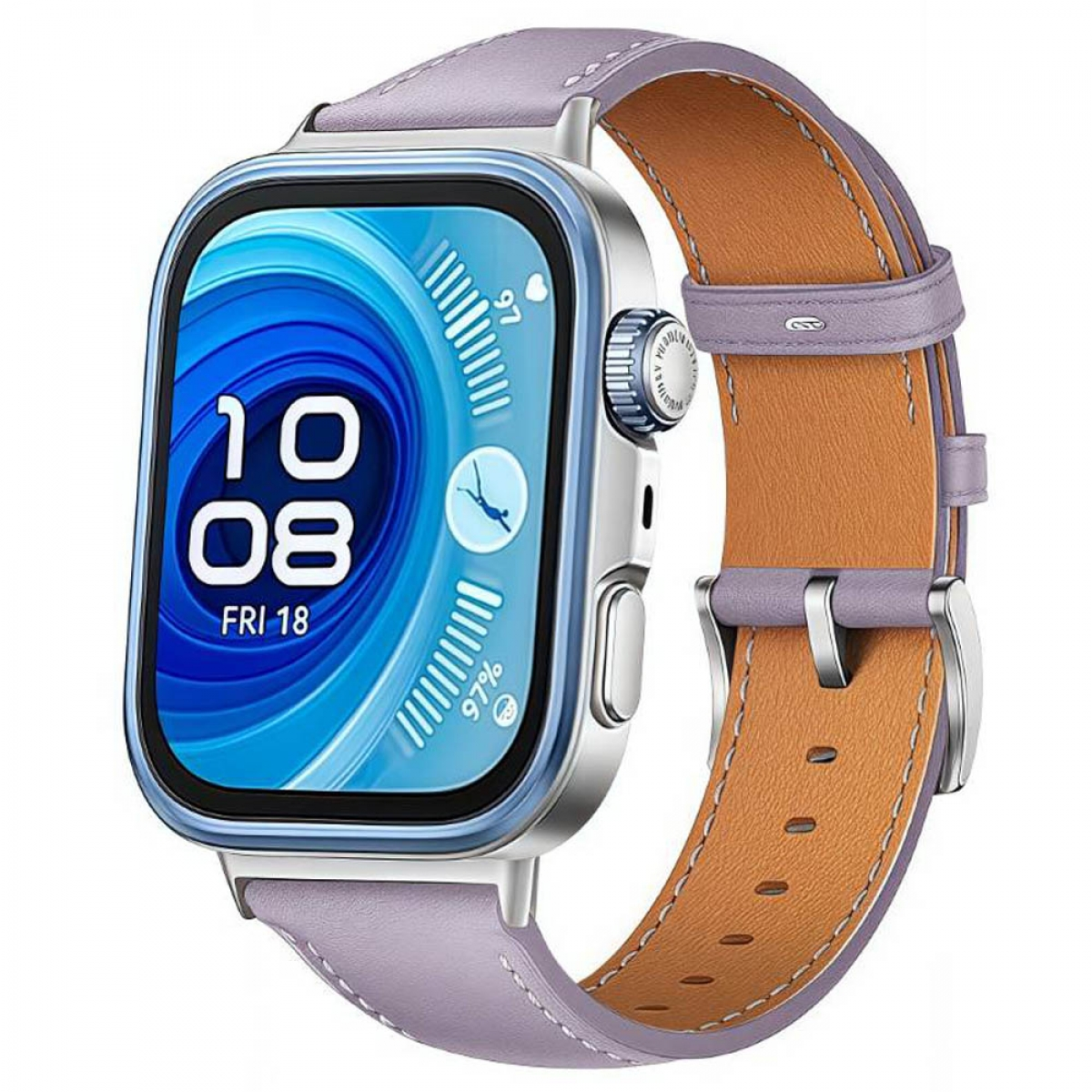 Eine Smartwatch mit lavendelfarbenem Lederarmband. Das Zifferblatt zeigt die Uhrzeit und einen blauen Wirbel.