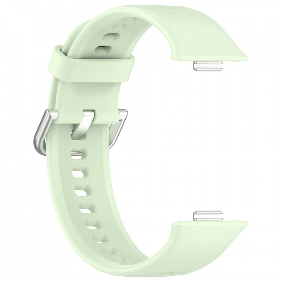 Ein hellgrünes Uhrenarmband mit silberner Schnalle. Es ist ein gebogenes Design mit Löchern zur Anpassung.
