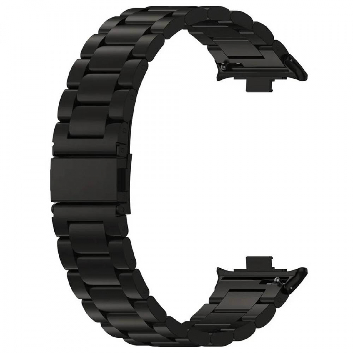 Ein schwarzes Metall-Uhrenarmband. Es ist ein gebogenes Design mit einem Faltverschluss.