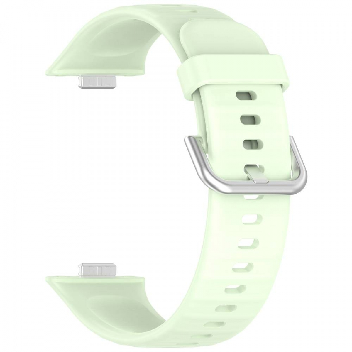 Hellgrünes Uhrenarmband mit silberner Schnalle, für Smartwatch oder Fitnesstracker.