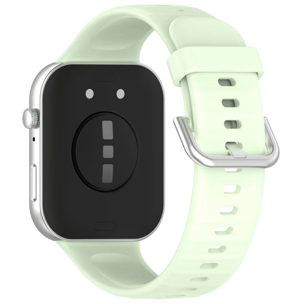 Smartwatch mit hellgrünem Armband, das Ziffernblatt ist schwarz.