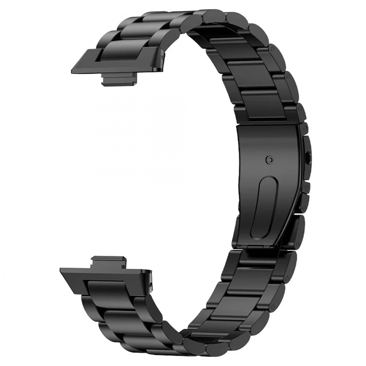 Schwarzes Metall-Uhrenarmband mit Gliederdesign, bereit zum Anbringen an eine Smartwatch.