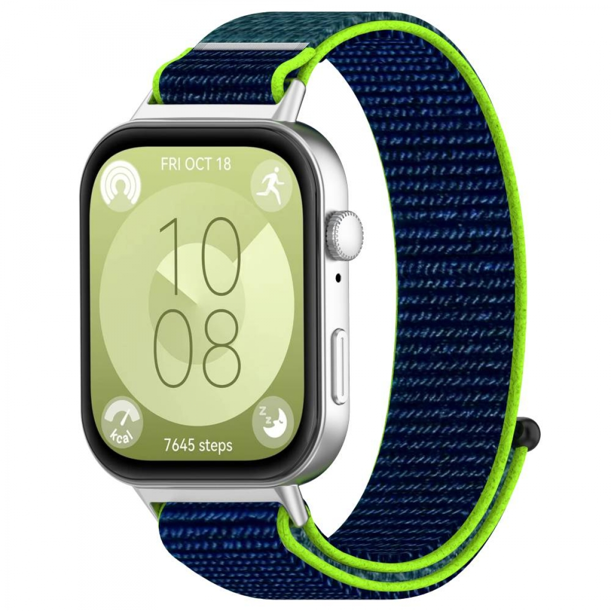 Silberne Smartwatch mit blauem Denim-Band, grüner Verkleidung, Anzeige von Uhrzeit, Schritten und Datum.