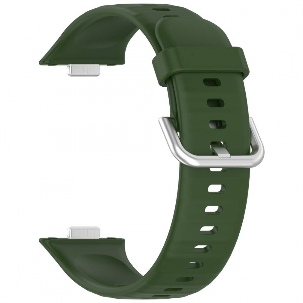Ein grünes Uhrenarmband mit silberner Schnalle und Verbindungsstücken.