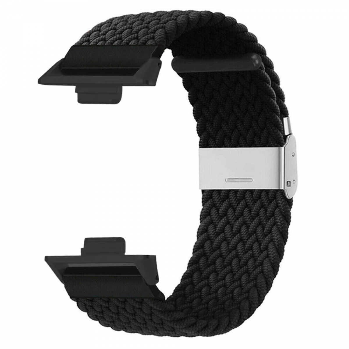 Schwarzes geflochtenes Uhrenarmband. Edelstahlverschluss, schwarze Anschlüsse. Geflochtenes Design, schlicht.
