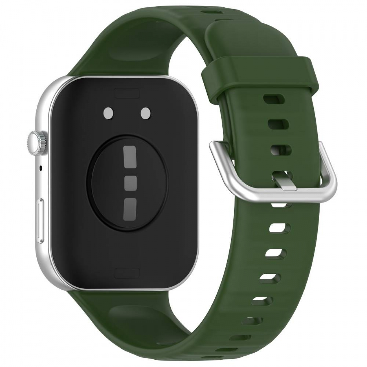 Grüne Uhr mit grünem Armband. Schwarzer Bildschirm mit weißen Details. Silbernes Gehäuse.