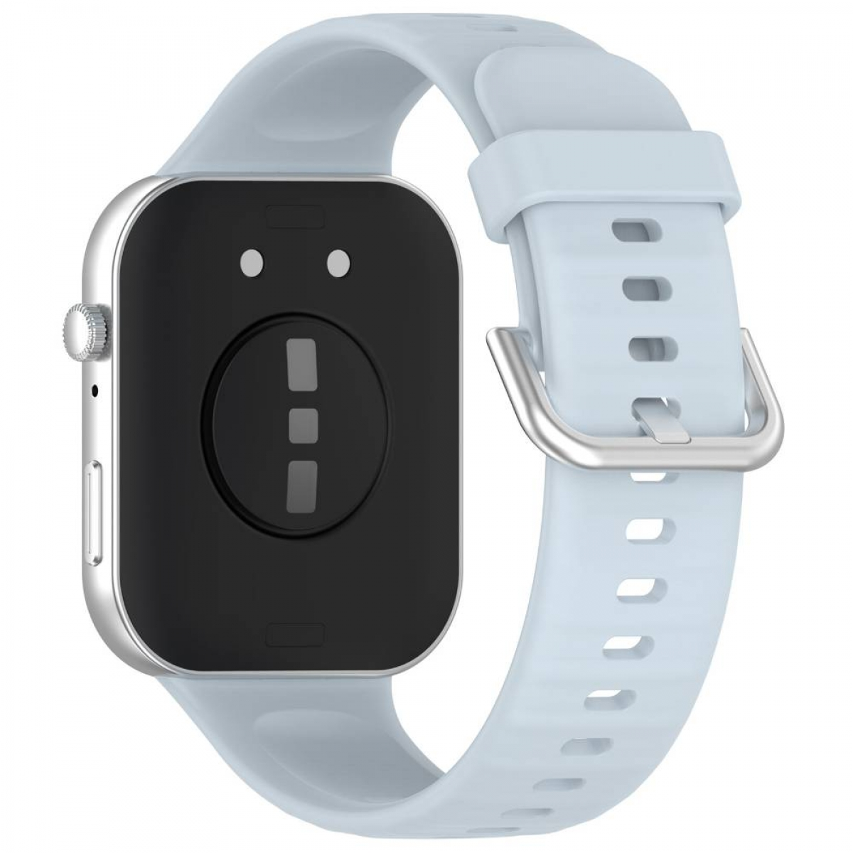 Smartwatch mit hellblauem Armband, das Ziffernblatt ist schwarz mit drei Punkten.
